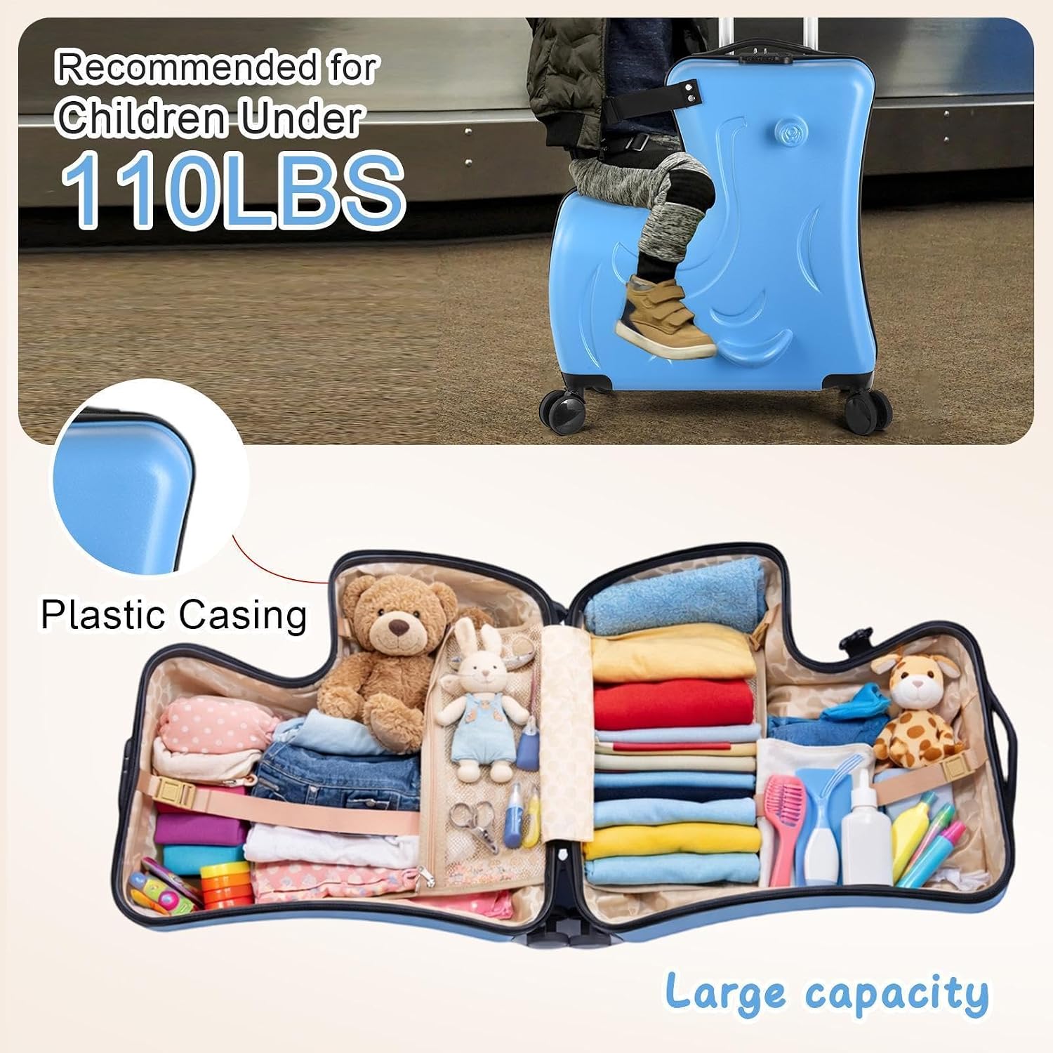 22' Ride on Suitcase for Kids Holds 110 Lbs,with Spinner Wheels,Telescoping Handle,Password Lock and Safety Belt,Rides On Suitcase for Kid Ages 2-4 (Blue)