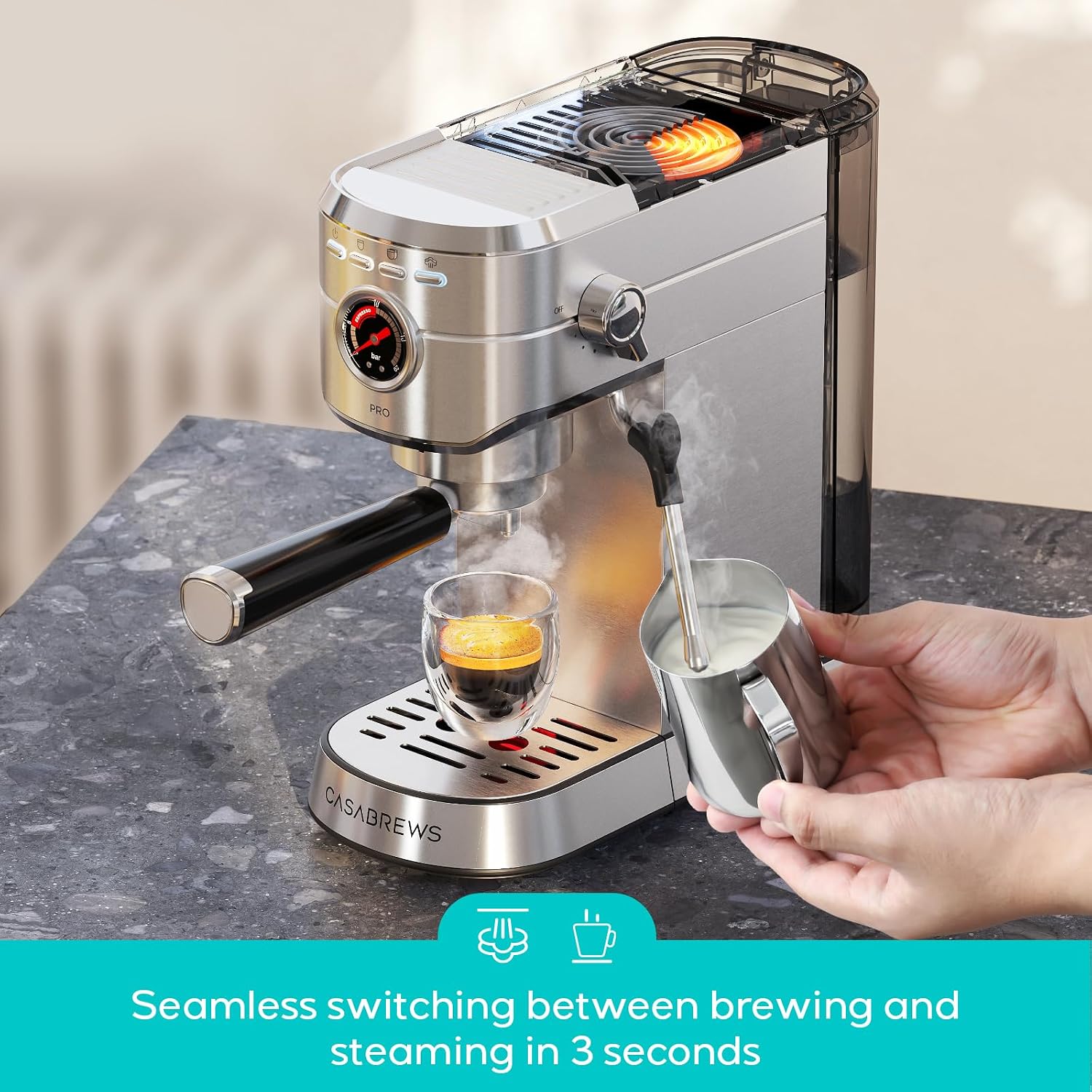 CASABREWS 5418 PRO Espresso Machine 20 Bar, Upgraded Espresso Maker with Powerful Steam Milk Frother, Stainless Steel Coffee Machine with Fast Heating System for Cappuccino, Latte, Silver