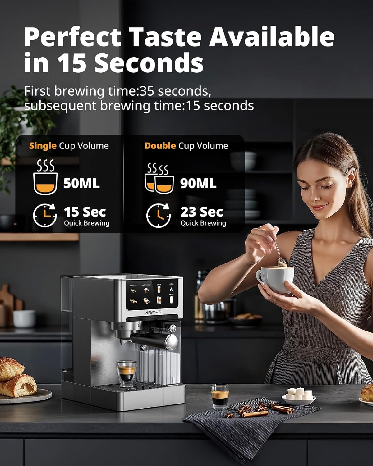 AIRMSEN 20 Bar Espresso Machine with Automatic Milk Frother, Cappuccino & Latte Coffee Maker with Quick Brew Dual Boiler (1350W + 1000W), Stainless Steel, 60oz Water Tank, Touchscreen