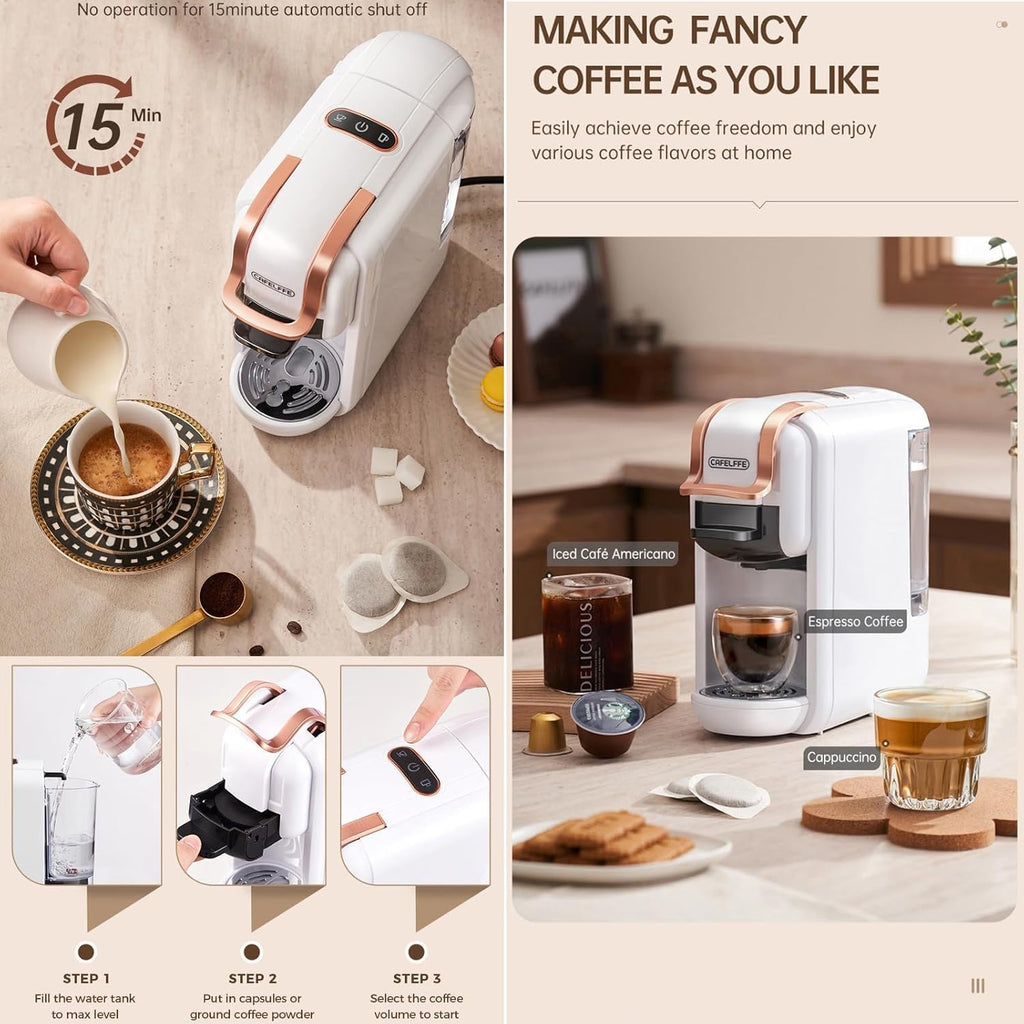 4-in-1 Pods Coffee Maker 19Bar, Compact Design Fast Brew Hot/Cold Espresso Machine for K Cup Pods,Nes Original/DG Capsule and Ground Coffee at Home or Office (White)