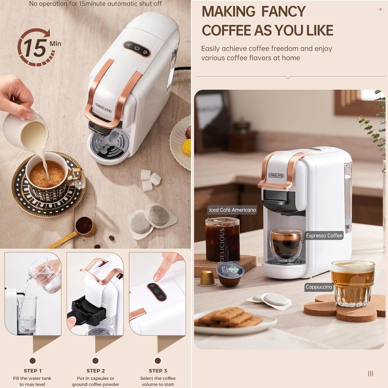 4-in-1 Pods Coffee Maker 19Bar, Compact Design Fast Brew Hot/Cold Espresso Machine for K Cup Pods,Nes Original/DG Capsule and Ground Coffee at Home or Office (White)