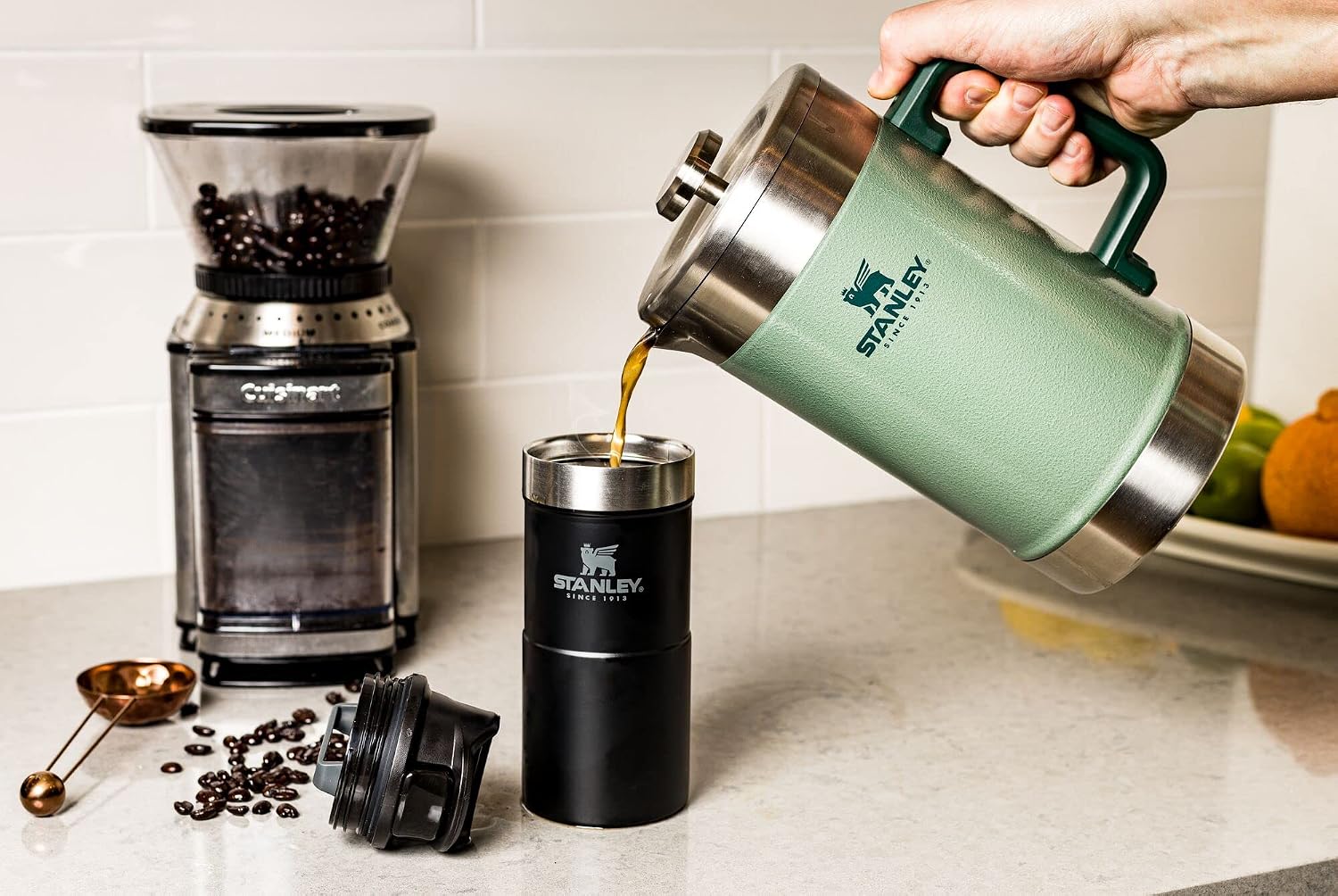 STANLEY Classic Stay-Hot French Press Coffee Maker 48 oz | 5 Minute Brew,4 Hours Hot | Mesh Filter for Coffee Grounds-| Insulated Stainless Steel French Press-| BPA-Free-| Hammertone Green,(Pack of 2)