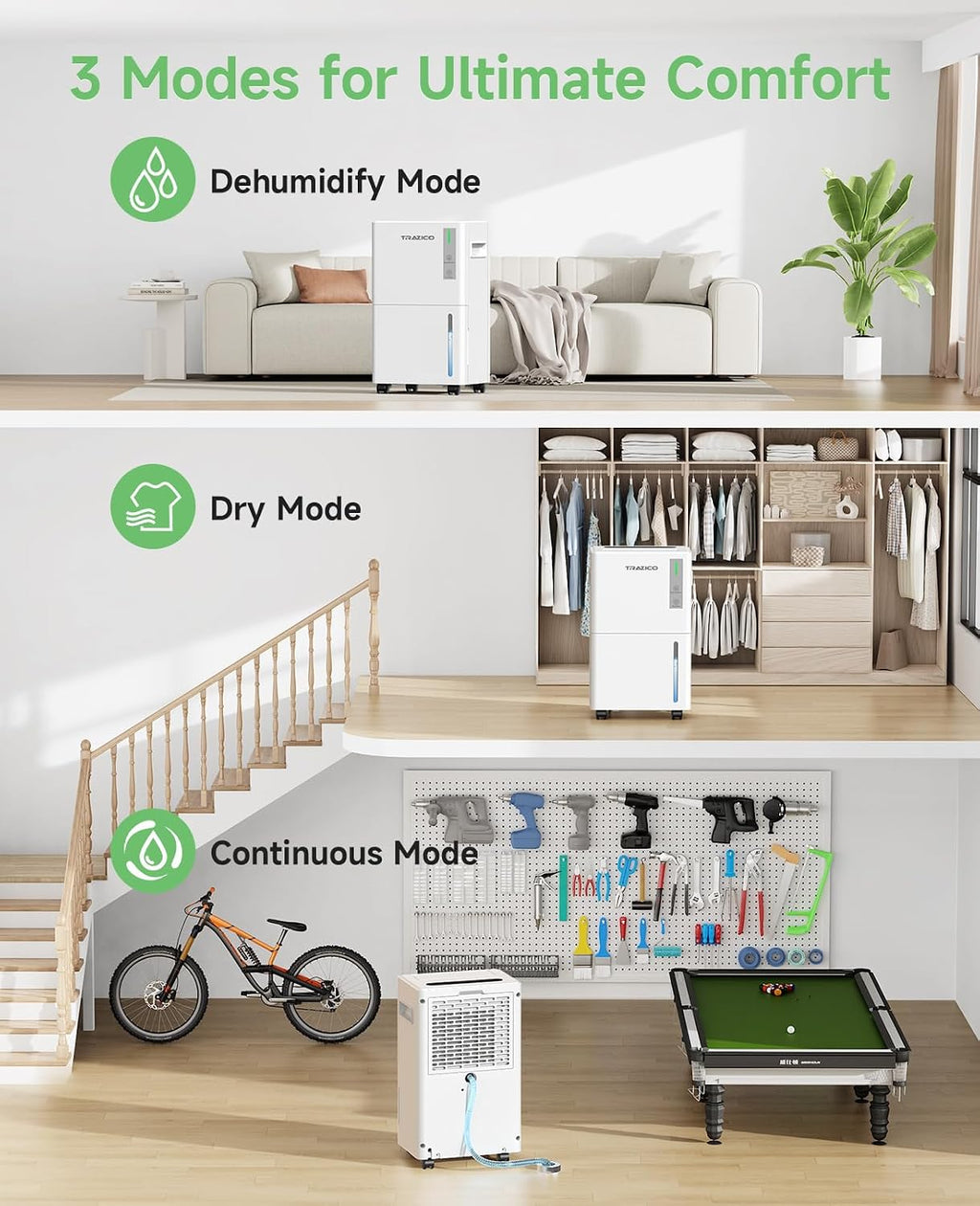1500 Sq.ft Dehumidifier for Basement, Trazico 21 Pint Quiet Dehumidifiers for Home with Drain Hose, Smart Humidity Control, 3 Modes, 24H Timer, Auto Defrost, for Large Room, Bedroom, and Bathroom