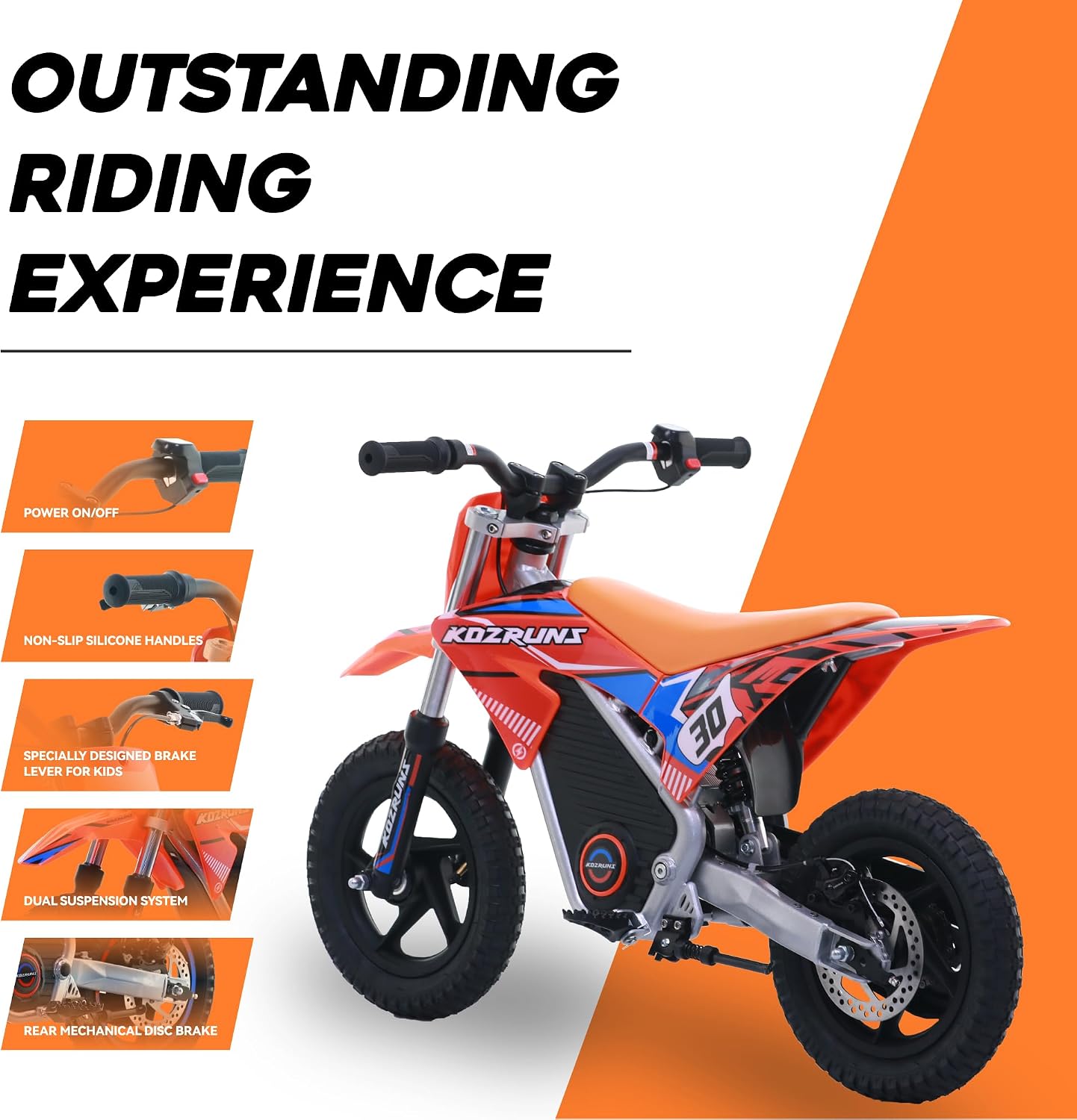 OLALA 36V Electric Dirt Bike for Kids 3-6, 250W Brushless Motor with 3-Speed Control, 15.5 MPH Max Speed, 12' Off-Road Tires Motorcycle, for Boys & Girls, Orange