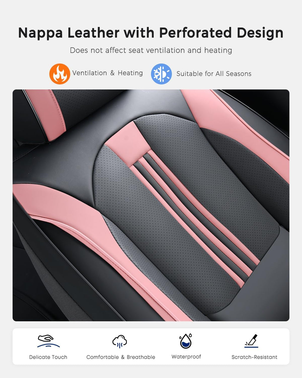 Huidasource Front Seat Cover, Nappa Leather Front Car Seat Covers with Lumbar Support, Ventilation Holes, Elastic Fabric, Airbag, Full-Coverage Seat Cover, Fit for Most Cars SUV Trucks, Black＆ Pink