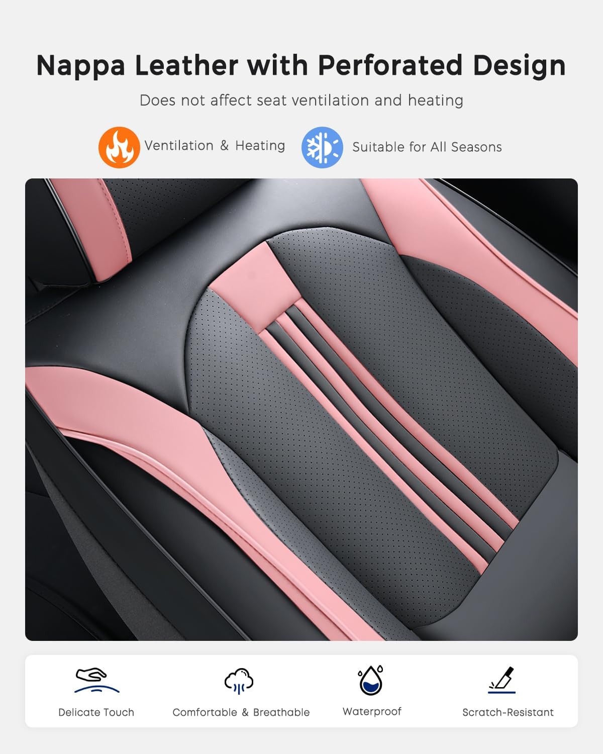 Huidasource Front Seat Cover, Nappa Leather Front Car Seat Covers with Lumbar Support, Ventilation Holes, Elastic Fabric, Airbag, Full-Coverage Seat Cover, Fit for Most Cars SUV Trucks, Black＆ Pink