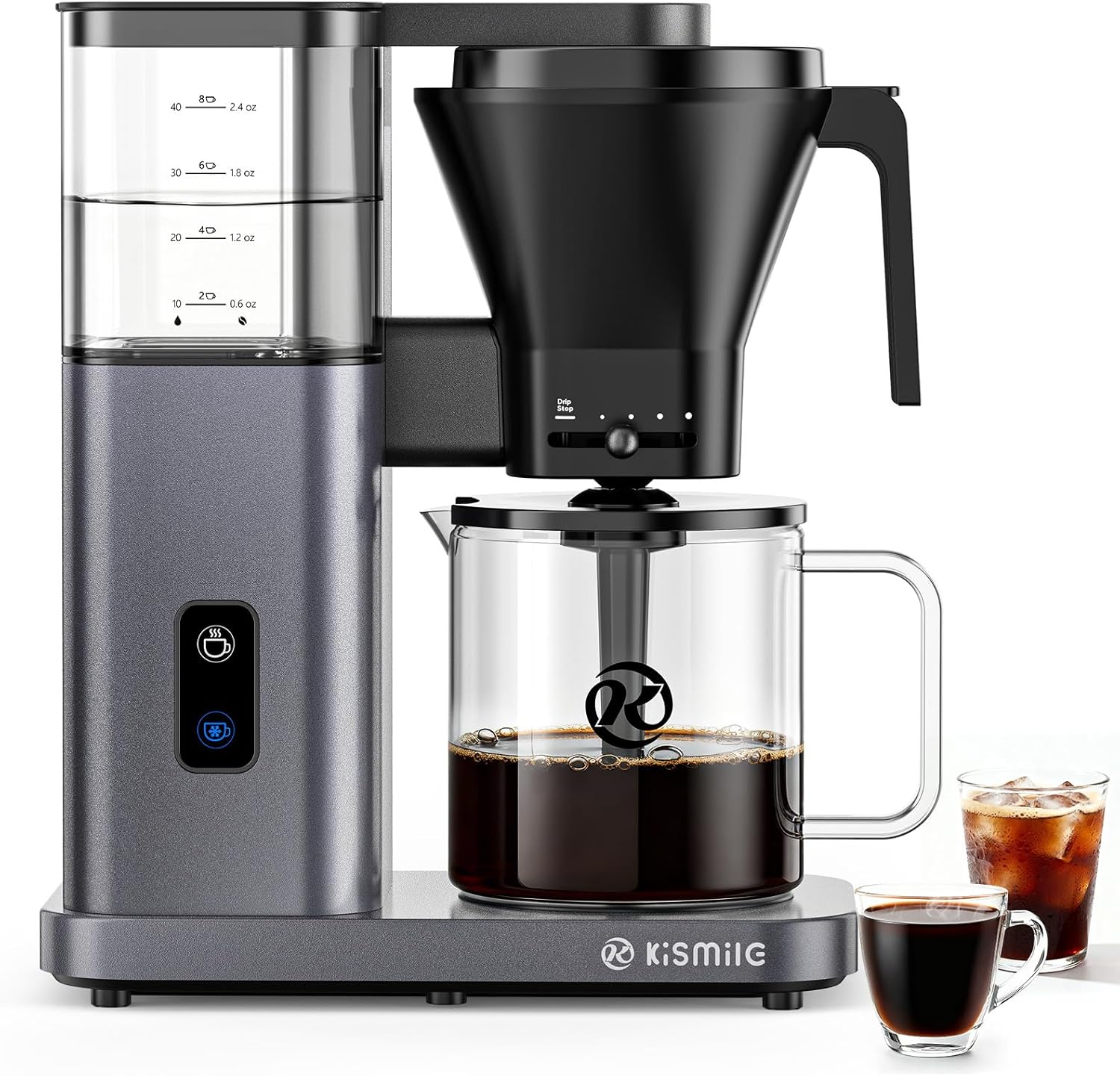 Kismile 8 Cup Drip Coffee Maker Machine, Pour Over Coffee Brew with 3s Instant Heat 197-205℉, Removable Water Tank, Adjustable Flow Control, Deep Cold Brew & Keep Warm 40 Min (starrygray)