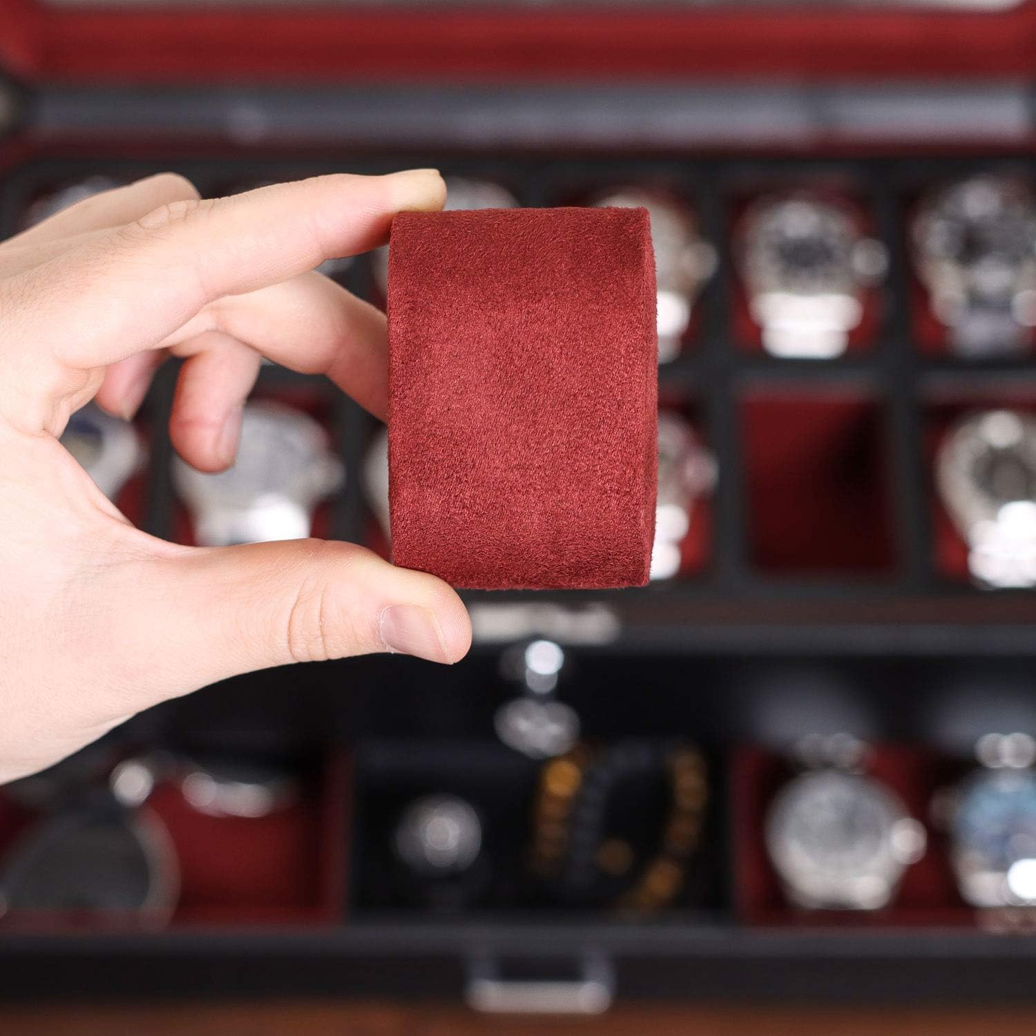 ROTHWELL 12 Slot Leather Watch Box with Valet Drawer - 12 Slot Luxury Watch Case Display Organizer, Microsuede Liner, Mens Accessories Holder, Jewelry Case, Jewelry Display Organizer (Black/Red)