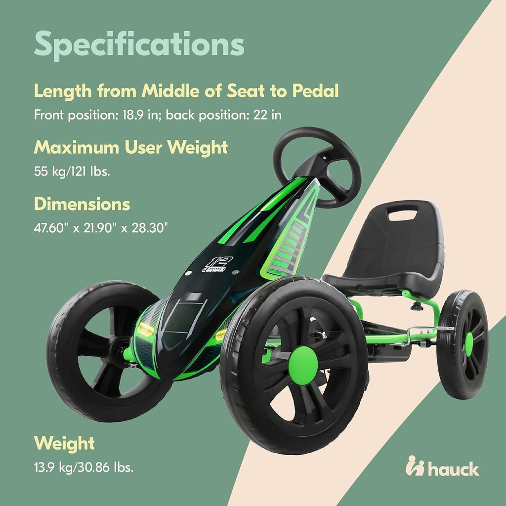 hauck Cyclone Junior Racing Go Kart with 12 Inch Rims, Race Style Pedals, and 8 Ball Brake, Lime Green - Ride On Toy for Kids Ages 4 to 8 Years