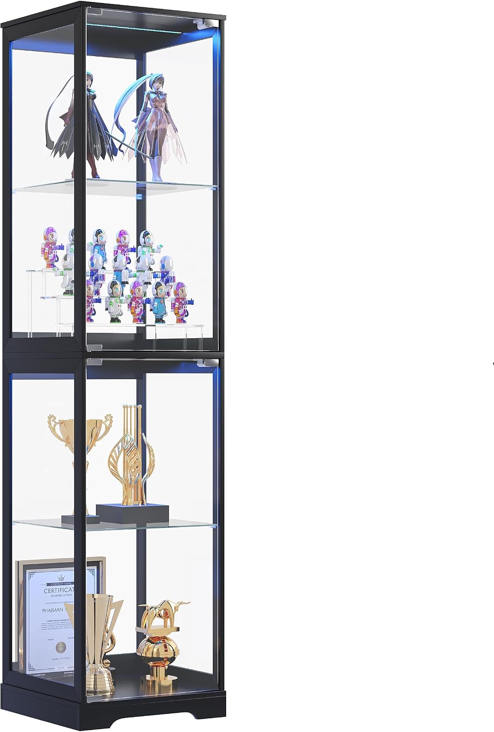 Glass Display Cabinet with Doors, 65' Tall 4-Tier Curio Display Case with 3 Color Lights and Human Body Sensor, Bookcase for Collectibles, Black