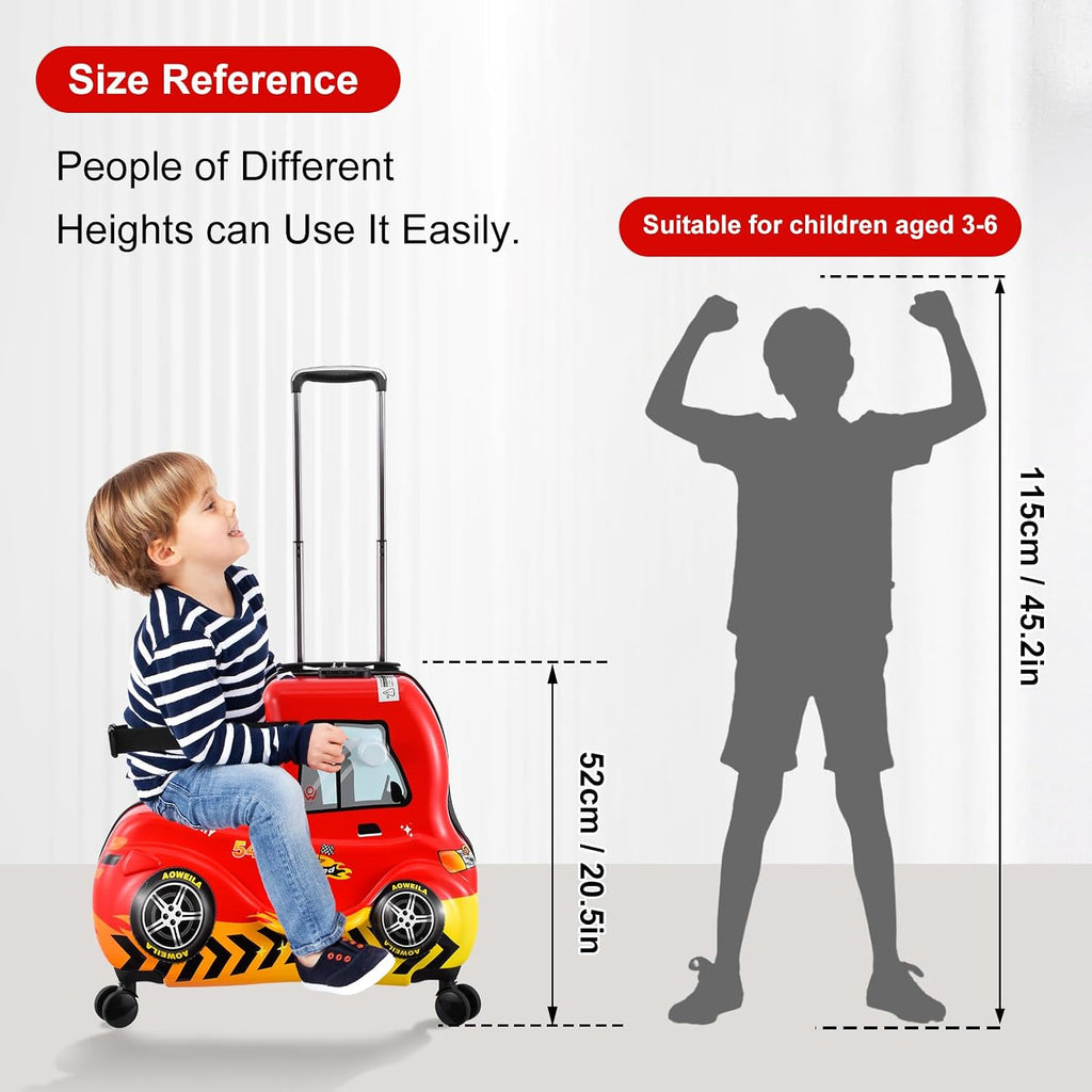 24 Inch Kid Ride Suitcase,Kid Luggage Seat Ride With Lock - Kids Travel Trolley With Safety Belt, Kids Luggage With Wheels Child Stroller Spinner Luggages, ABS+PC (Red Car, 5-12 Years)