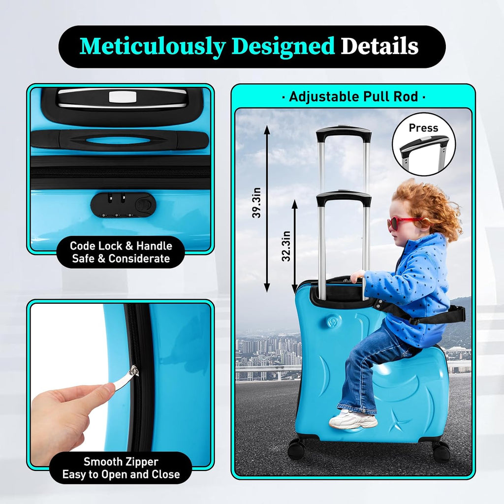 CNCEST 20'/24' Kid's Ride-on Travel Suitcase,Travel Rolling Luggage with Wheels Carry Trolley Luggage with Password Lock,Children's Ride On (20' Blue)