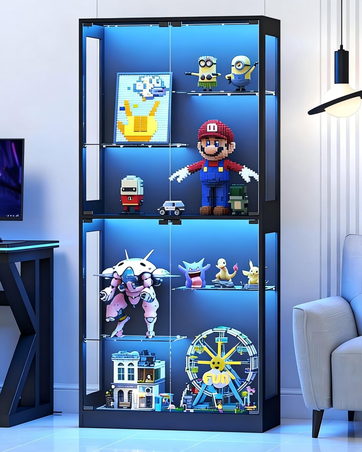 Lamtor 69-Inch Glass Display Cabinet - Curio Cabinet with RGB Lighting, Adjustable Shelves Display Case, for Game Room, Living Room, Bedroom, Black