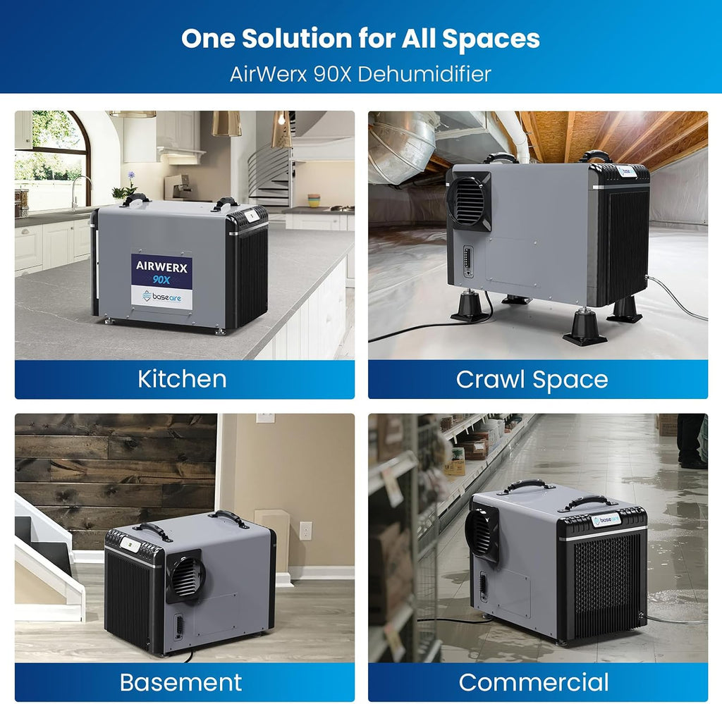 BaseAire 198Pints Dehumidifier with Pump for Crawl Space Basement, 198 Pints Commercial Dehumidifier, Intelligent Humidity Control, Auto Shut off Restart, AirWerx90X