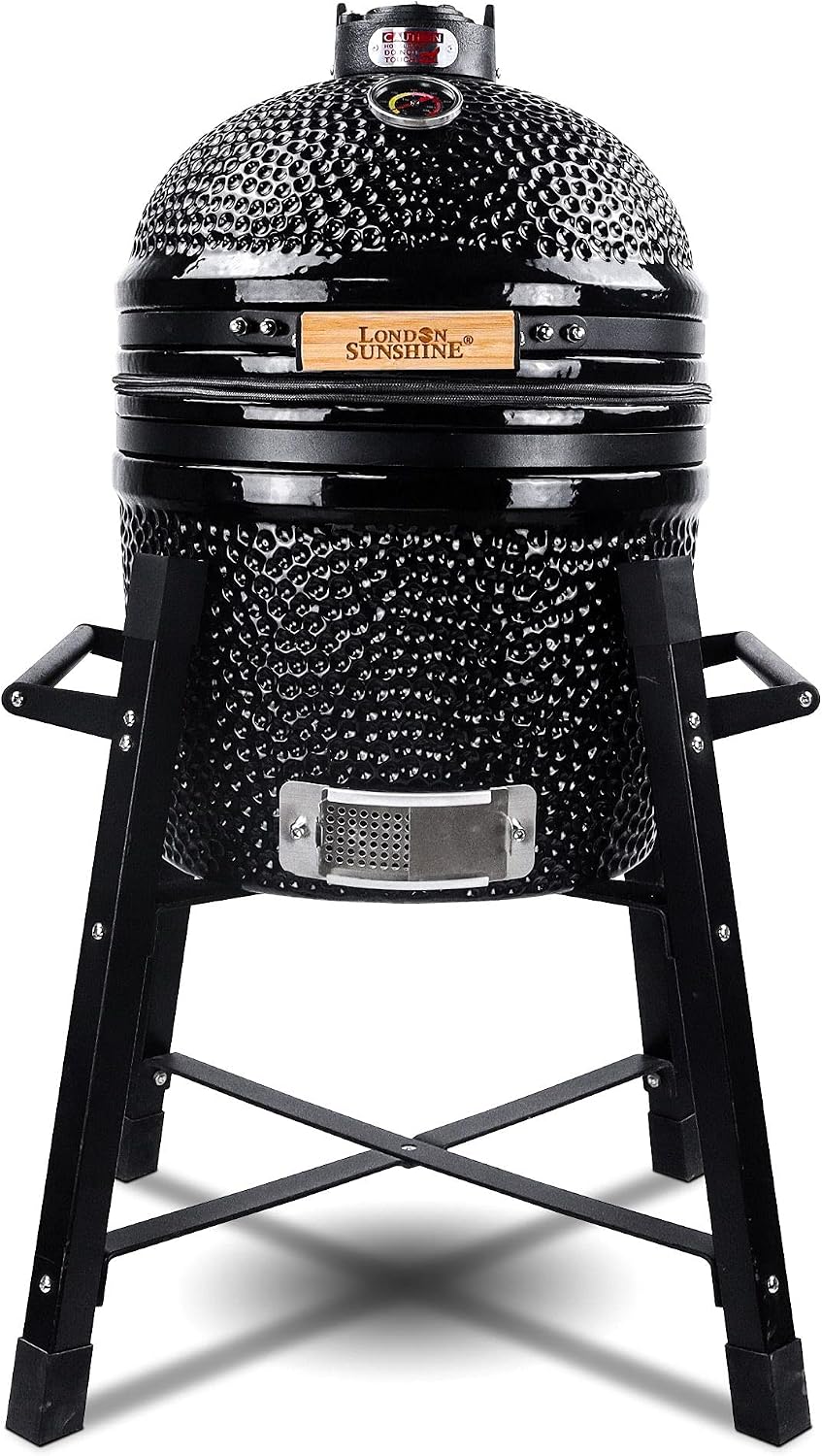 London Sunshine Ceramic Kamado Charcoal BBQ Grill and Smoker, Stainless Steel Grates -15' Ceramic with Tall Stand (BLACK)