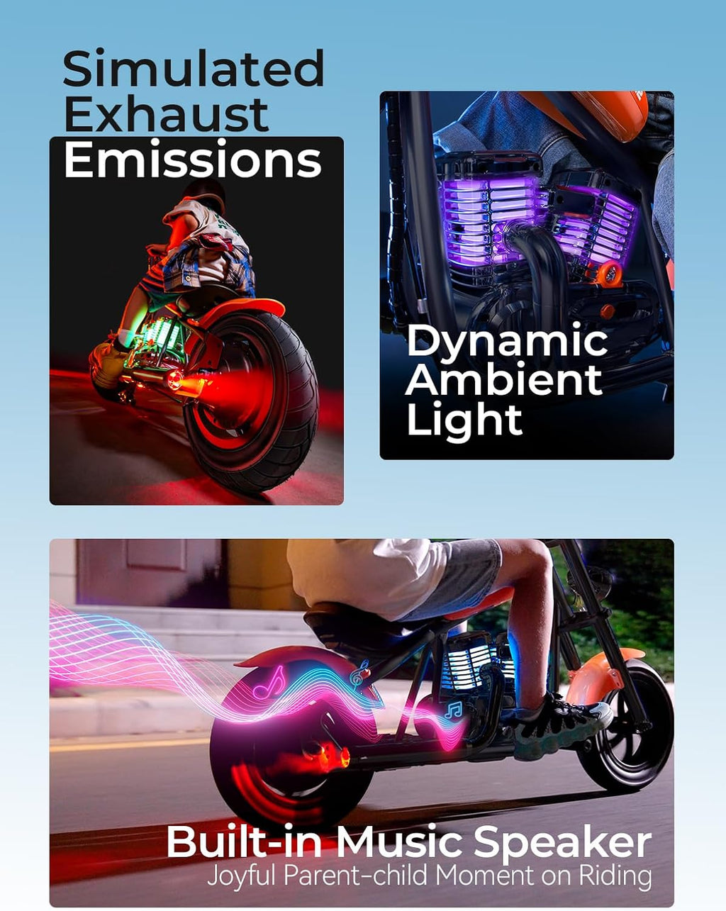 Hyper GoGo Kids Electric Motorcycle – Retro-Style Bike with Ambient Lighting, Built-in Music, Speeds Up to 10 MPH & 60 Minutes of Continuous Ride Time, for Ages 3+ (Blue)