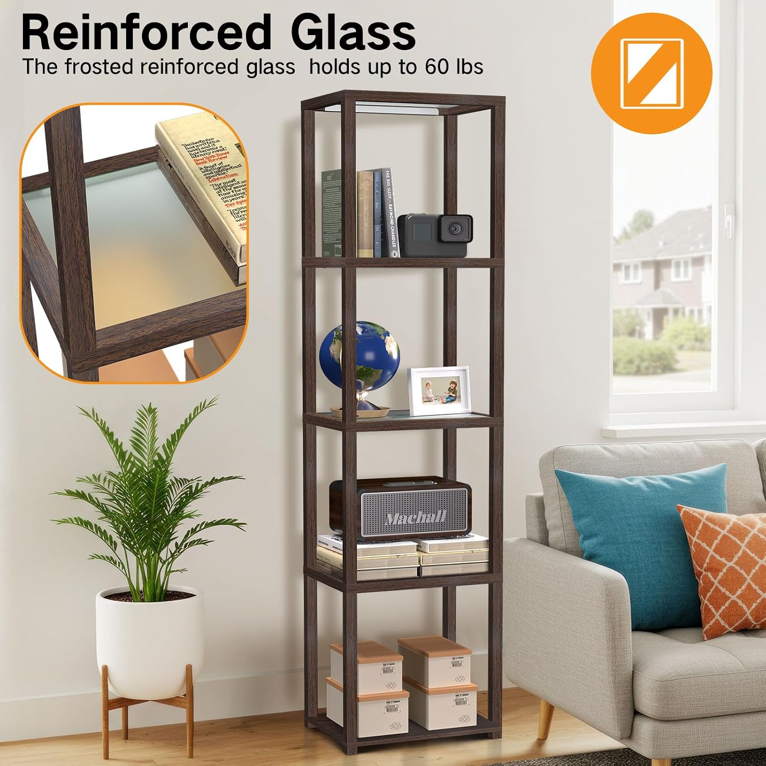 OUTON 67' Glass Display Shelf with Dimmable LED Floor Lamp, Collectibles Display Cabinet with Remote & App Control, 5 Tier Open Bookshelf Lamp for Living Room, Bedroom, Office, Home Decor, Walnut