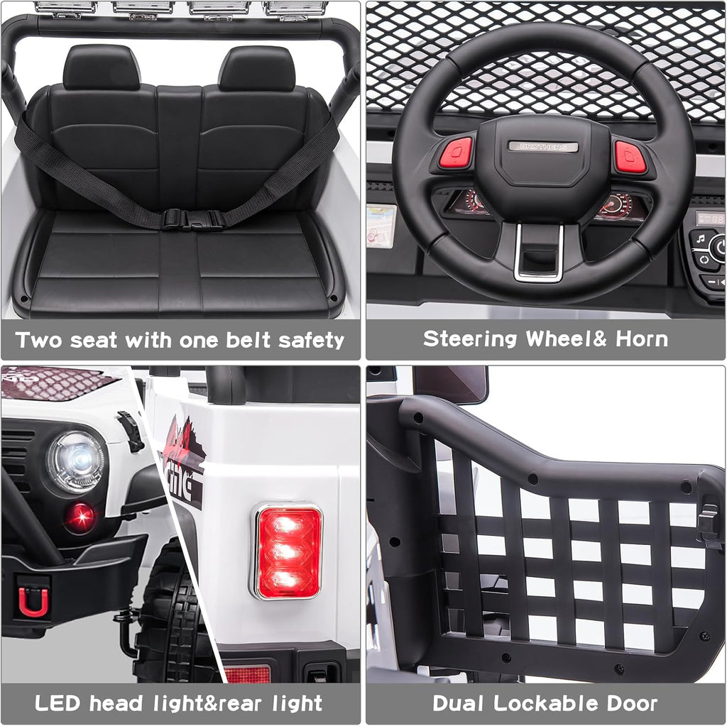 SEHOMY Two Seater Ride on Cars for Kids, 12V Power Wheels Truck with Remote Control, 3 Speed, Spring Suspension, 110LBS Max, Music, Horn, White Kids' Electric Vehicles Toddlers Toy Car for Boys Girls