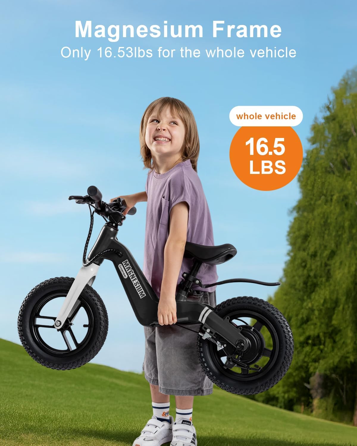 GROWNEER Electric Balance Bike for Kids, 12/14 Inch Tires, Ages 3-6, Lightweight Magnesium Alloy Frame, 3 Speed Settings(3.1/6.2/9.3 MPH), Light-up Front Tire & Adjustable Seat, Toddler Electric Bike