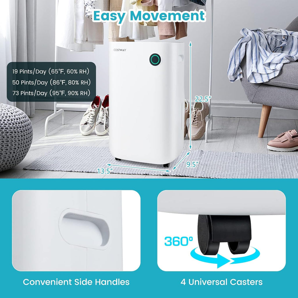 COSTWAY 73 Pint Dehumidifier for Basement, 4500 Sq. Ft Home Dehumidifier with 5 Modes, 3-Color Indicator Light, 1.7 Gallon Water Tank