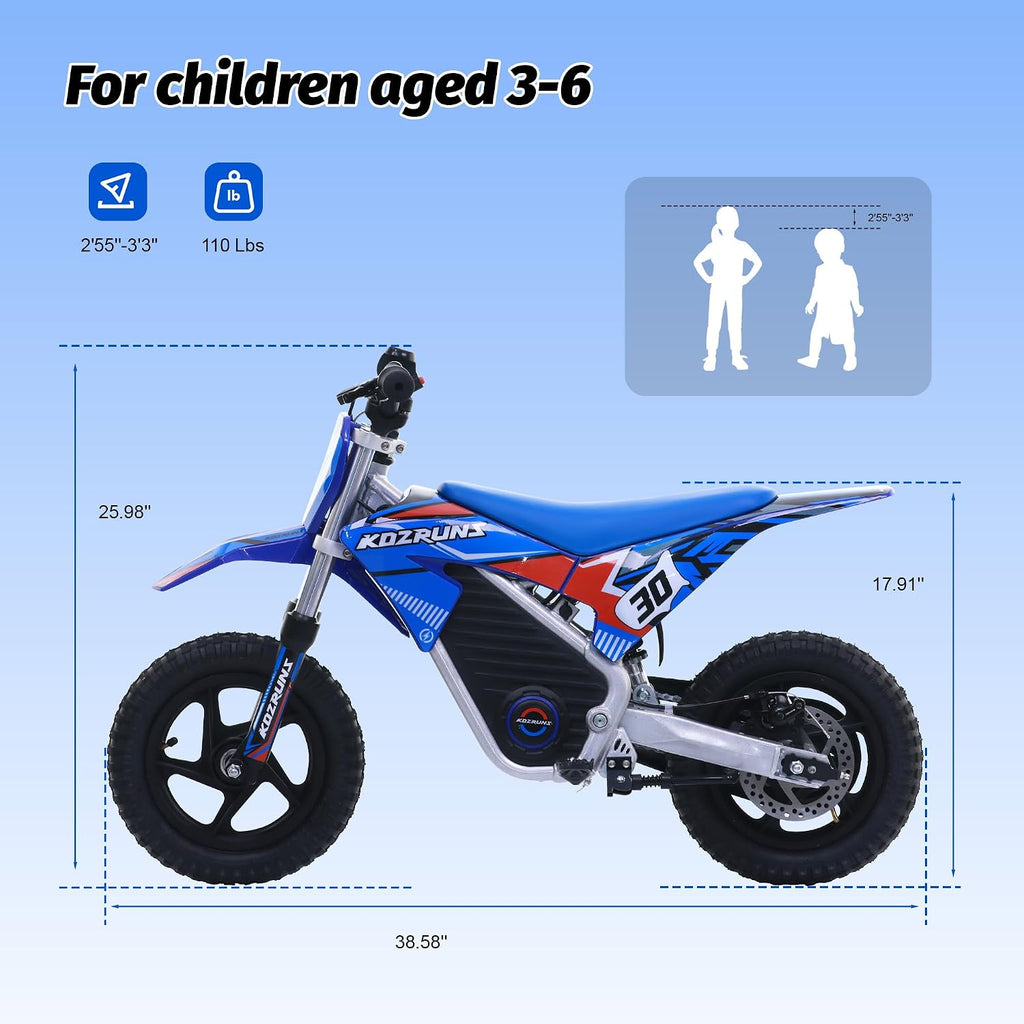 Electric Dirt Bike for Kids 3-8, 250W Powerful High Performance Racing Electric Motorcycle, 3 Speed Settings, Up to 15.5MPH, 12-Inch Off-Road Tires, Rear Disc Brakes & Advanced Suspension