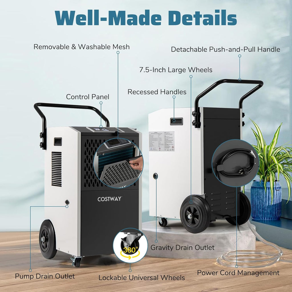 COSTWAY 154 Pints Commercial Dehumidifier with Pump, Portable Industrial Heavy Duty Large Dehumidifier with Drain Hoses for Basements, Job Sites (White)