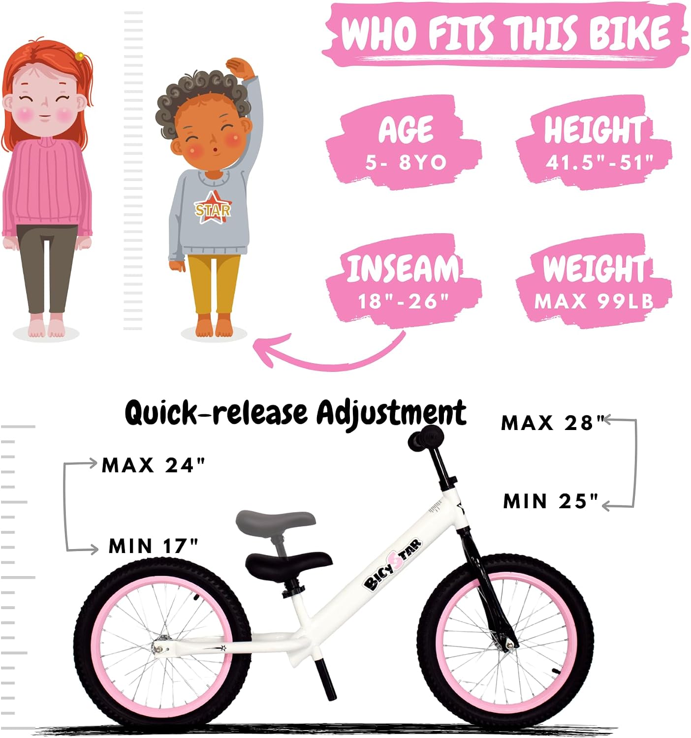 Bicystar 16 Inch Kids Balance Bike for 5-8 Year Old, No Pedals, Air Tires, Footrests, Adjustable Height for Big Boys, Girls