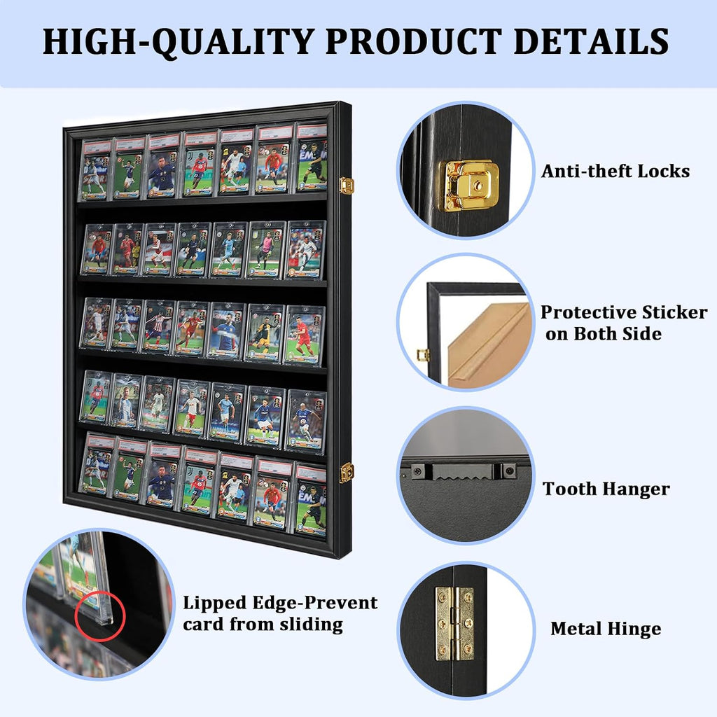35 Graded Sports Card Display Case 3 Pack- Baseball Card Display Frame with UV Protection Clear View Lockable Wall Cabinet for Basketball Collectible Trading Card Black Finish