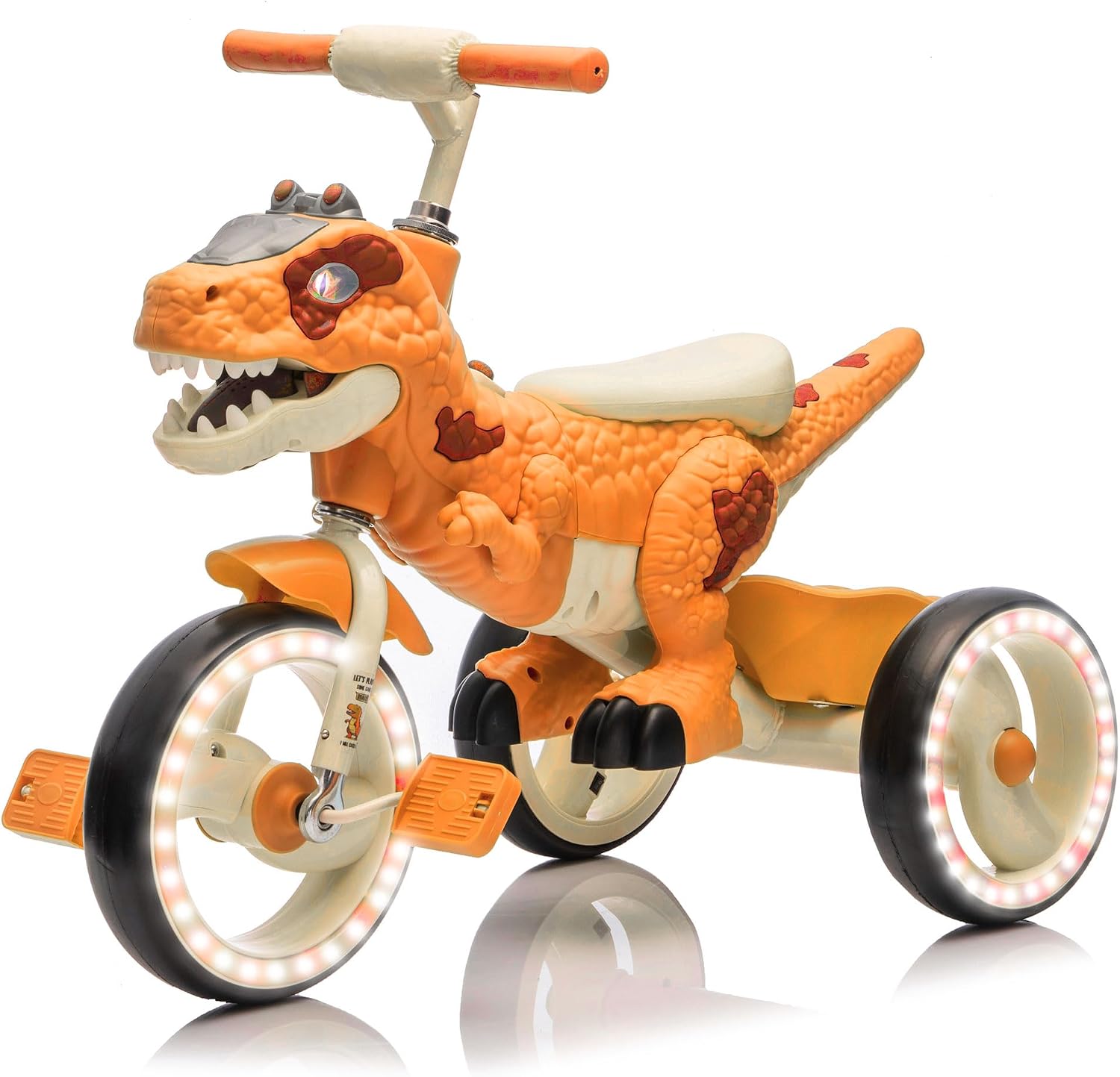 Dinosaur Kids Tricycle for Rider, Toddlers Kid Trike Bike Big Wheel with Wide Flash Wheels, Anti-Slip Pedals, Storage Basket, Music & LED Lights, Kids Bike for 3-6 Year Old Girls & Boys (Orange)