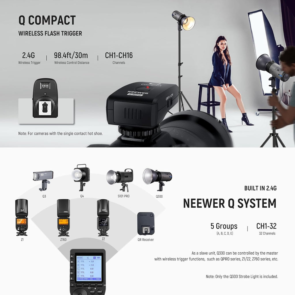 NEEWER Q300 300Ws 2.4G Outdoor Studio Flash with Q Compact Wireless Trigger, 7800mAh Li ion Battery Powered Strobe Light Photography Cordless Monolight with 1000 Full Power Flash 0.4-2.5s Recycle