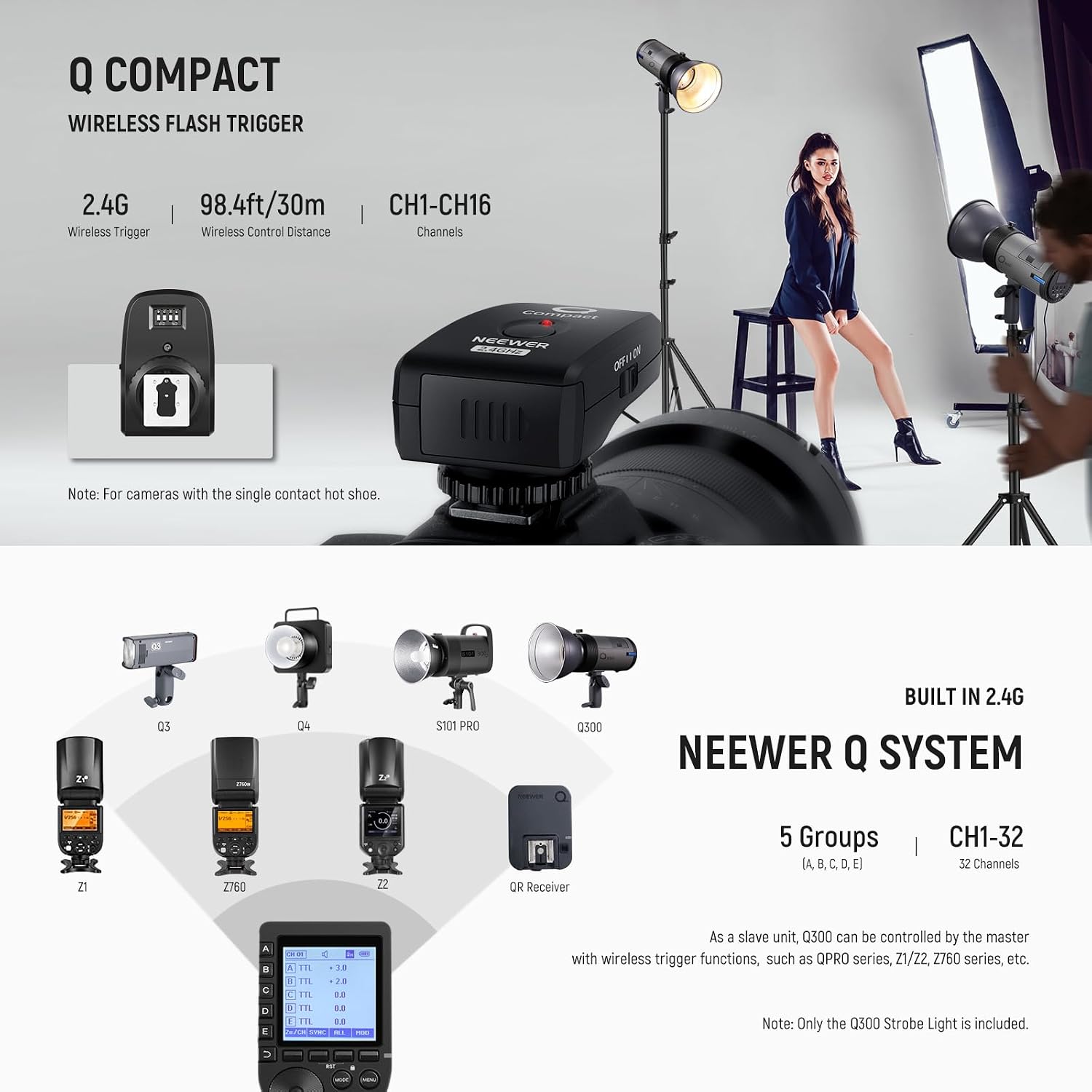 NEEWER Q300 300Ws 2.4G Outdoor Studio Flash with Q Compact Wireless Trigger, 7800mAh Li ion Battery Powered Strobe Light Photography Cordless Monolight with 1000 Full Power Flash 0.4-2.5s Recycle