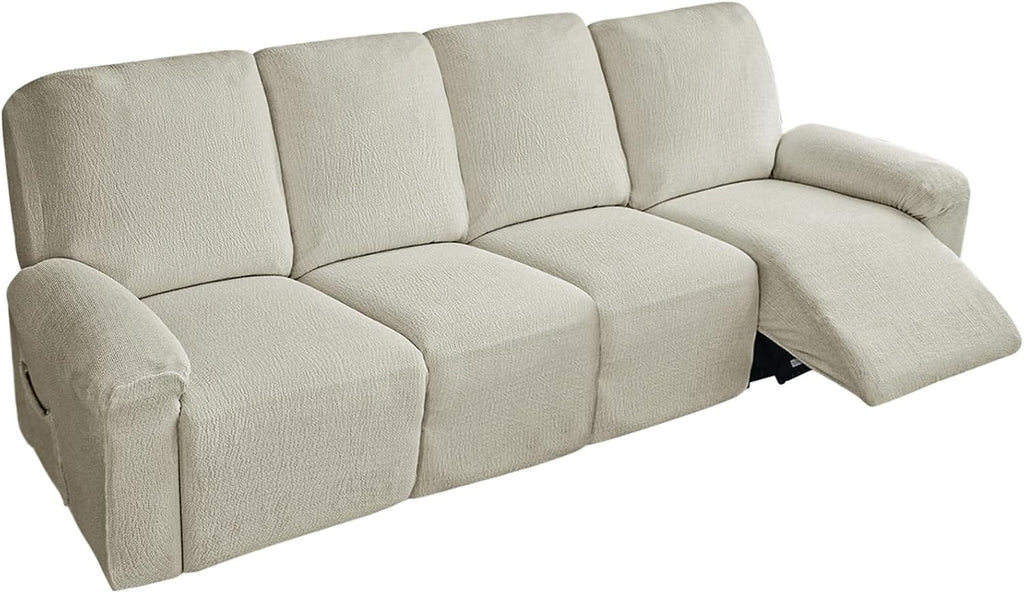 vctops 10 Pieces Cotton Linen Recliner Sofa Covers Rustic Stretch Soft 4 Seats Couch Cover Anti-Slip Sofa Slipcover Furniture Protector with Elastic Bottom for Kids Pet (Beige Grey,4 Seat)