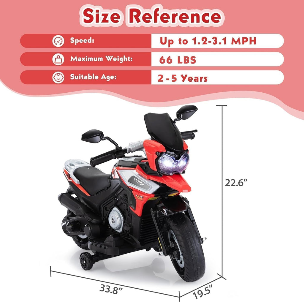 TOBBI Kids Motorcycle Electric Dirt Bike Toddler Motorcycle with Training Wheels 12V Ride on Toys Battery Powered Motor Bike w/Music Headlights for Children, Red