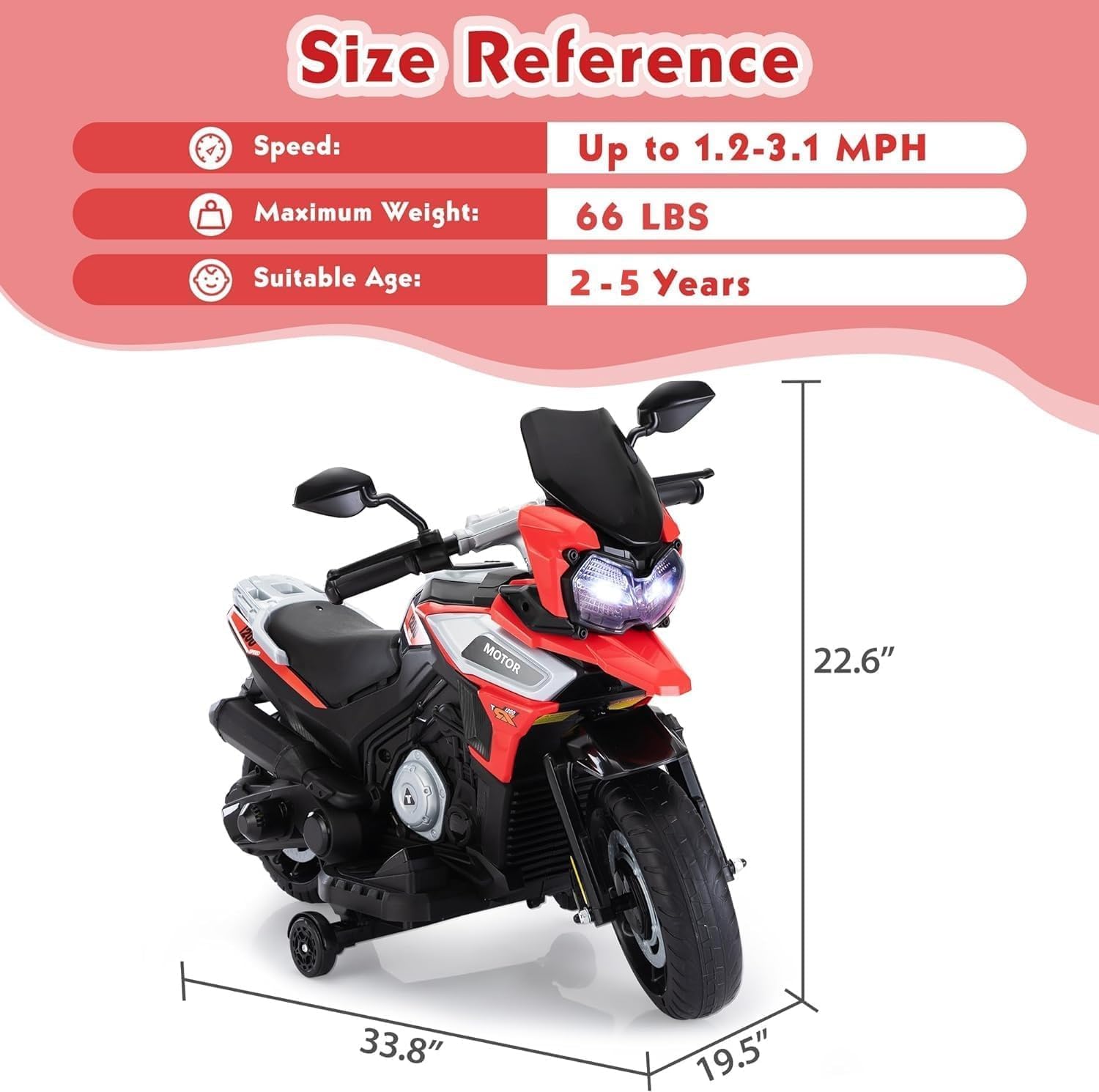 TOBBI Kids Motorcycle Electric Dirt Bike Toddler Motorcycle with Training Wheels 12V Ride on Toys Battery Powered Motor Bike w/Music Headlights for Children, Red