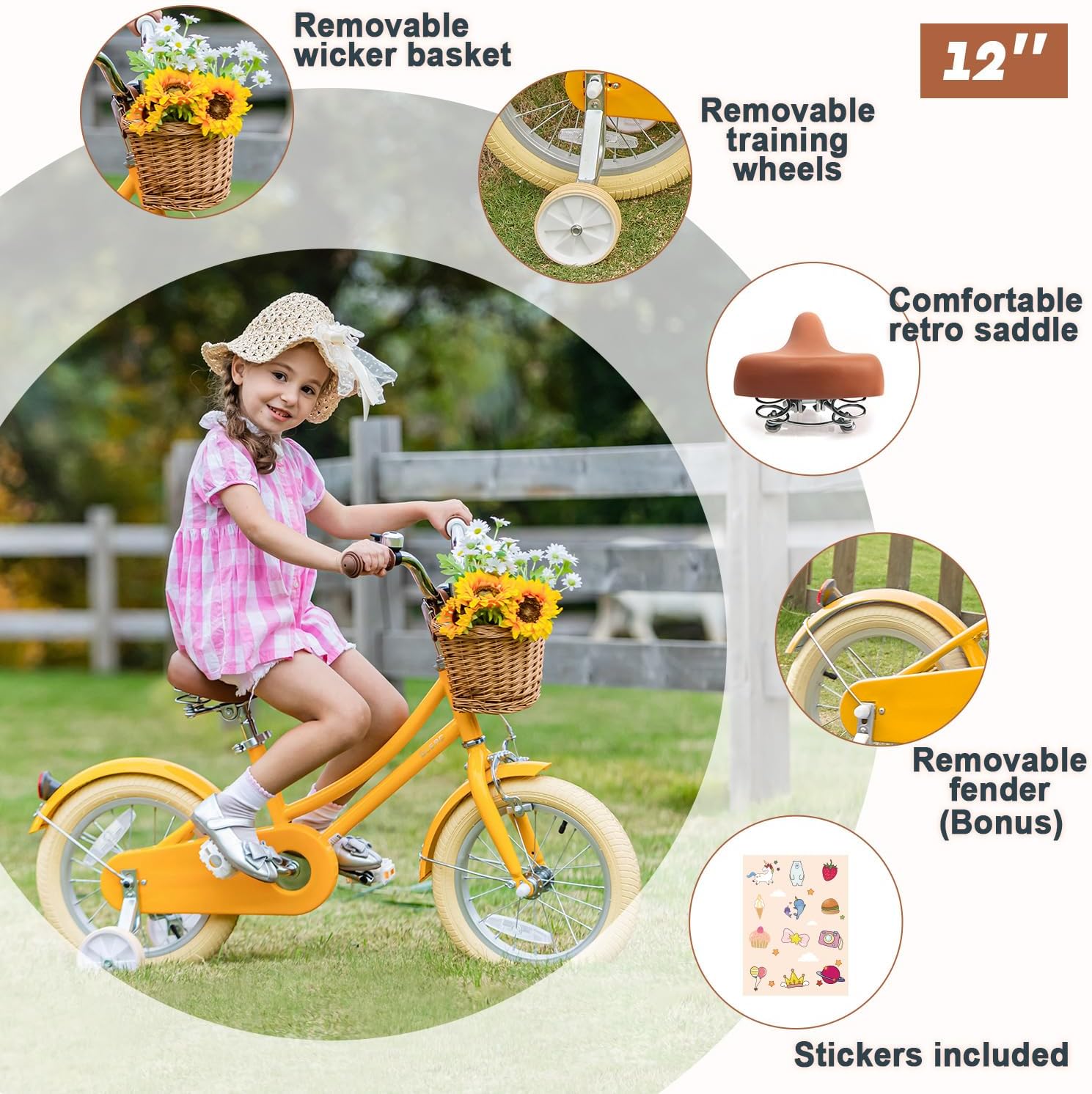Glerc Little Molly 12-20 Inch Kids Retro Cruiser Bike for 2-13 Year Old with Wicker Basket & Training Wheels/Kickstand, Multiple Colors