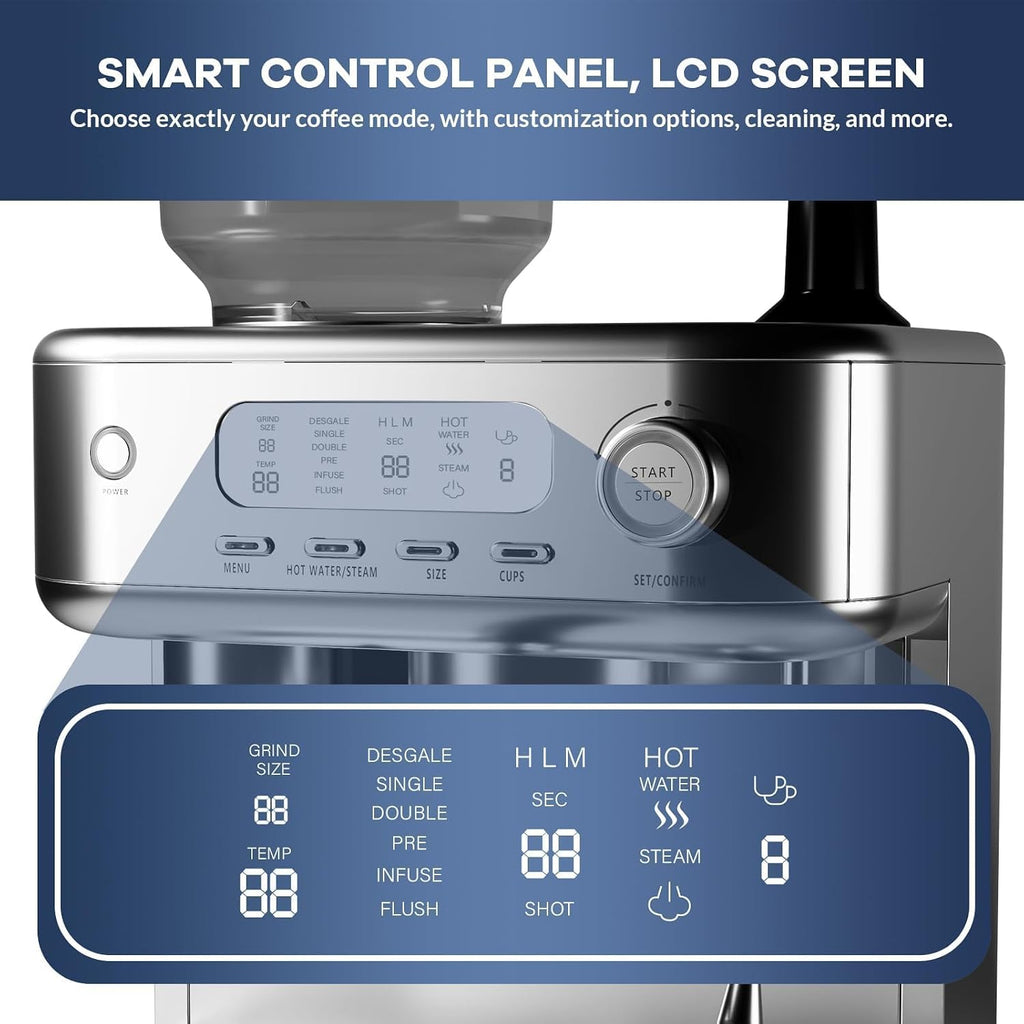 Garvee Espresso Machine Built-In Grinder, High Power Milk Frother, Digital LCD, Stainless Steel (Single/Double Brew)