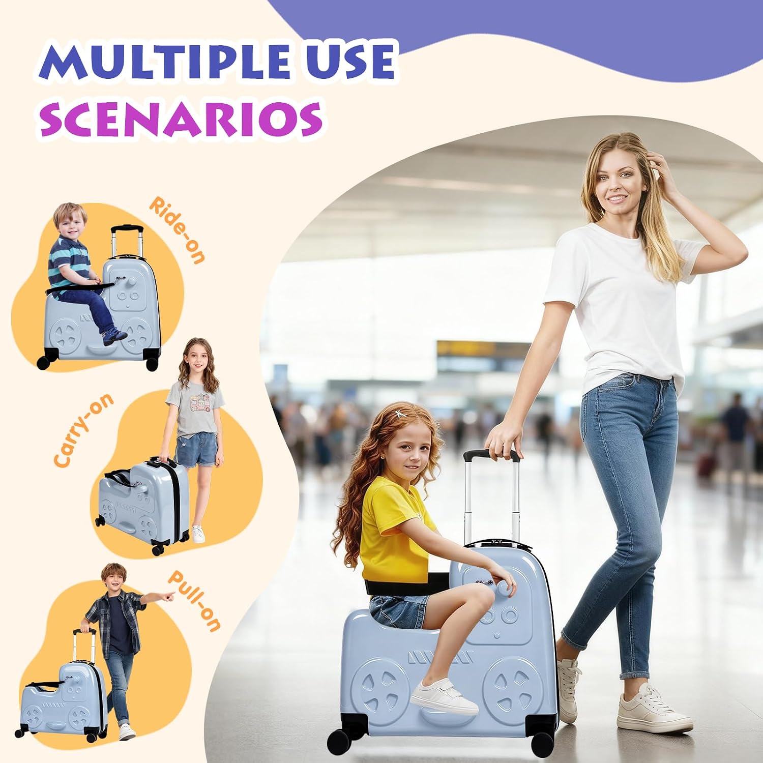 smilesun 22' Kids Ride-On Suitcase with Safety Strap, Multifunctional Kids' Luggage with Double Spinner Wheels, Durable and Lightweight for Boys and Girls Ages 2-10 (Blue, 22-inch)