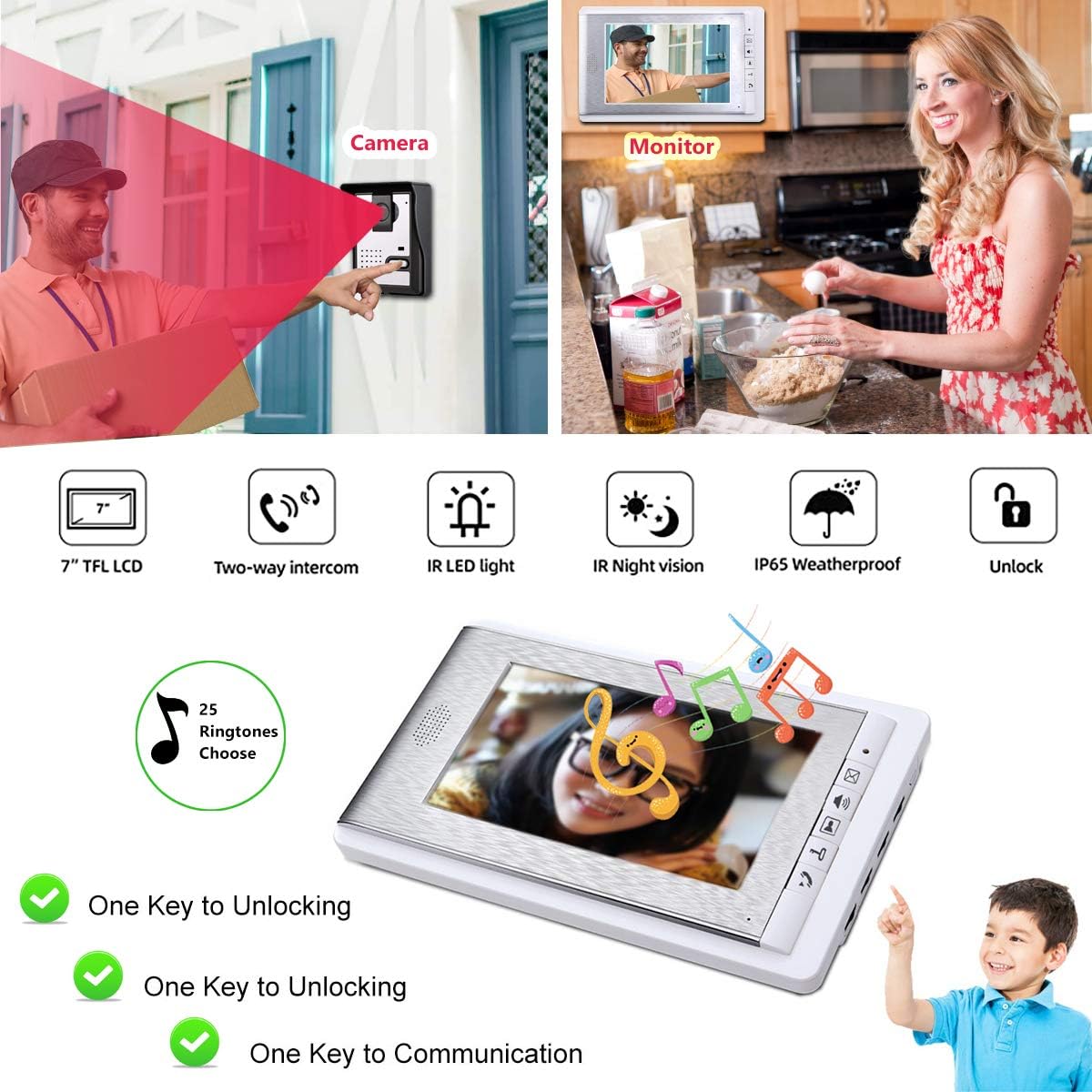 Wired Video Intercom Doorbell System, 3PCS 7-Inches LCD Monitor HD Camera Video Door Phone Doorbell Kits, Support Monitoring, Unlock, Dual-Way Door Intercom, IR Night Vision, Indoor Outdoor