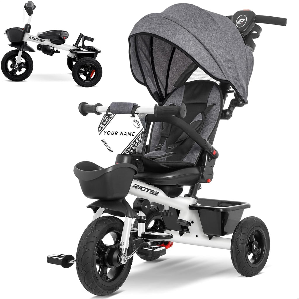 RIDYEE 7-in-1 Tricycle for 18 Months to 5 Years, All-Terrain Rubber Tires, Dual Wheel Brakes, Rotatable Seat for Toddlers 1.5-3, Tricycle for 3-5 Years with DIY Stickers, White