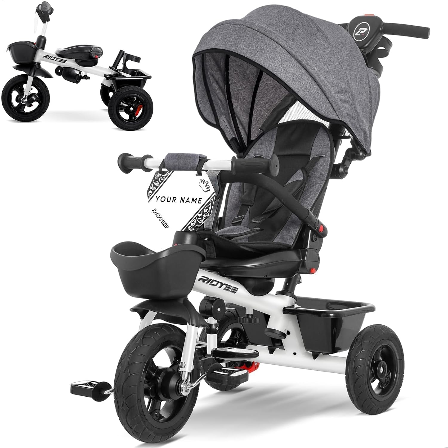 RIDYEE 7-in-1 Tricycle for 18 Months to 5 Years, All-Terrain Rubber Tires, Dual Wheel Brakes, Rotatable Seat for Toddlers 1.5-3, Tricycle for 3-5 Years with DIY Stickers, White