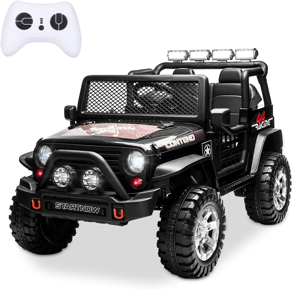SEHOMY 2-Seater Kids Electric Car, 12V Truck Power Wheels with Remote Control - 110LBS Max Load, 19'' Wide Seat, Spring Suspension, Music, Battery Powered Kids Ride on Car Black Vehicles for Boy Girl