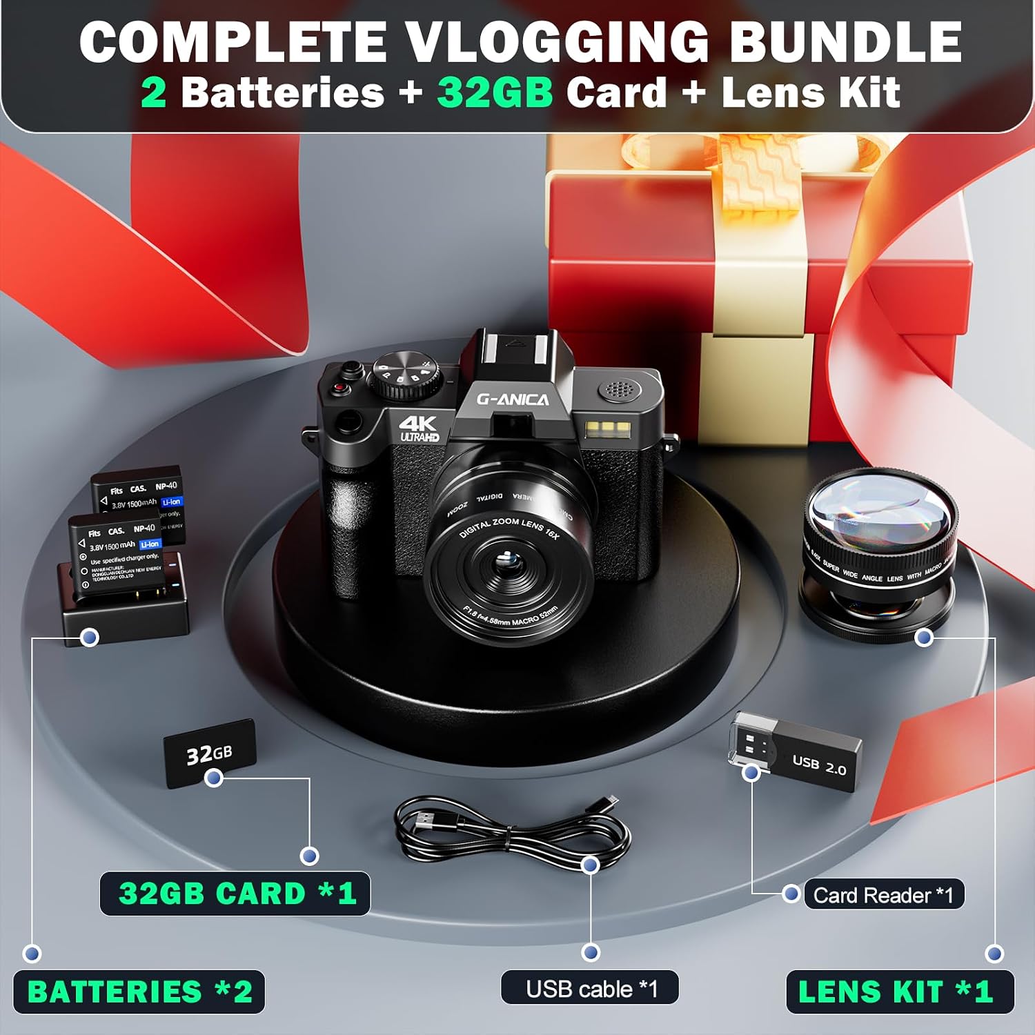 G-Anica 4K Vlogging Camera with Detachable Macro & Wide Lens Kit - WiFi & App Control, Supports Up to 48MP Photos, Compact Digital Cam for Beginners, 16X Zoom & Anti-Shake (32GB Card Included)