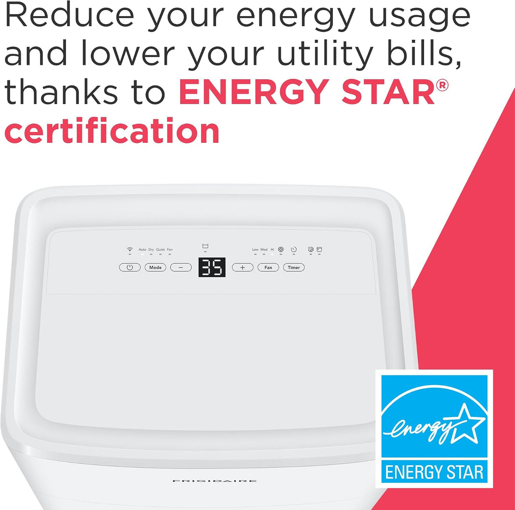 Frigidaire 22-Pint Portable Dehumidifier with Wi-Fi and Energy Star Certification for Small/Medium Rooms, Bedrooms & Bathrooms, Custom Humidity Control, Auto Shut Off, White