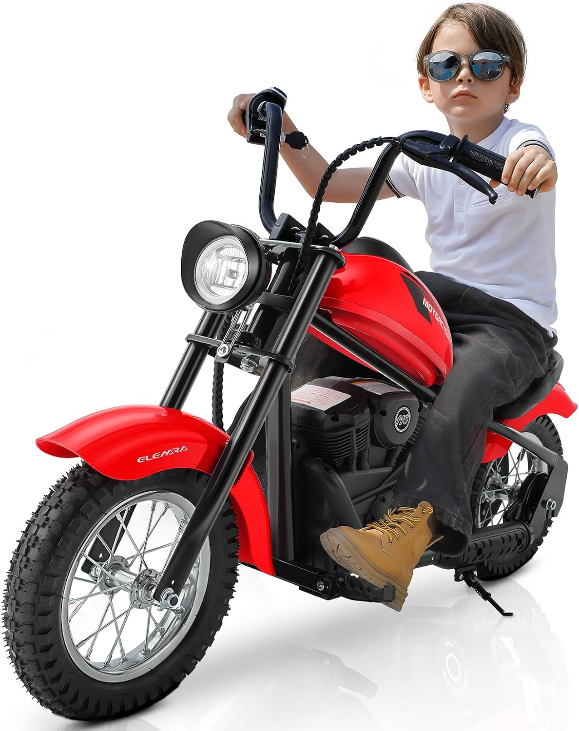 ELEMARA Electric Dirt Bike, 15 mph & 150lb Max, 24V Ride on Toy for Big Kids w/LED Lights & Power Display,Chain-Driven Motor,Twist-Grip Throttle, Shock Springs,Handbrake,12' Air-Filled Tires-Red