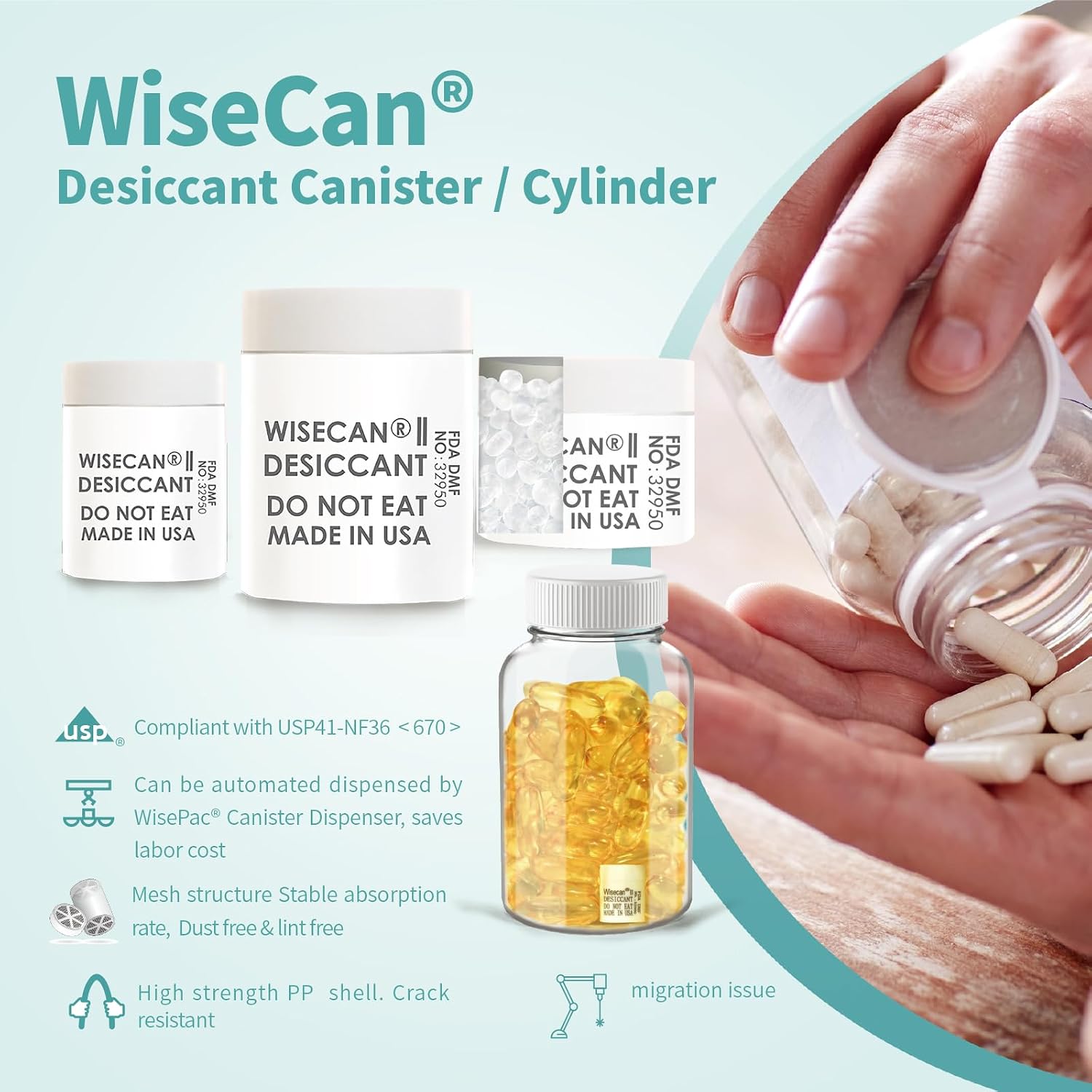 Wisesorb 2 Gram 2500 Pack Silica Gel Canister, Desiccant Canister, Silica Gel Capsules, Desiccant Capsules, Moisture Absorbers for Food Storage, Food Safe Dehumidifiers Wisecan