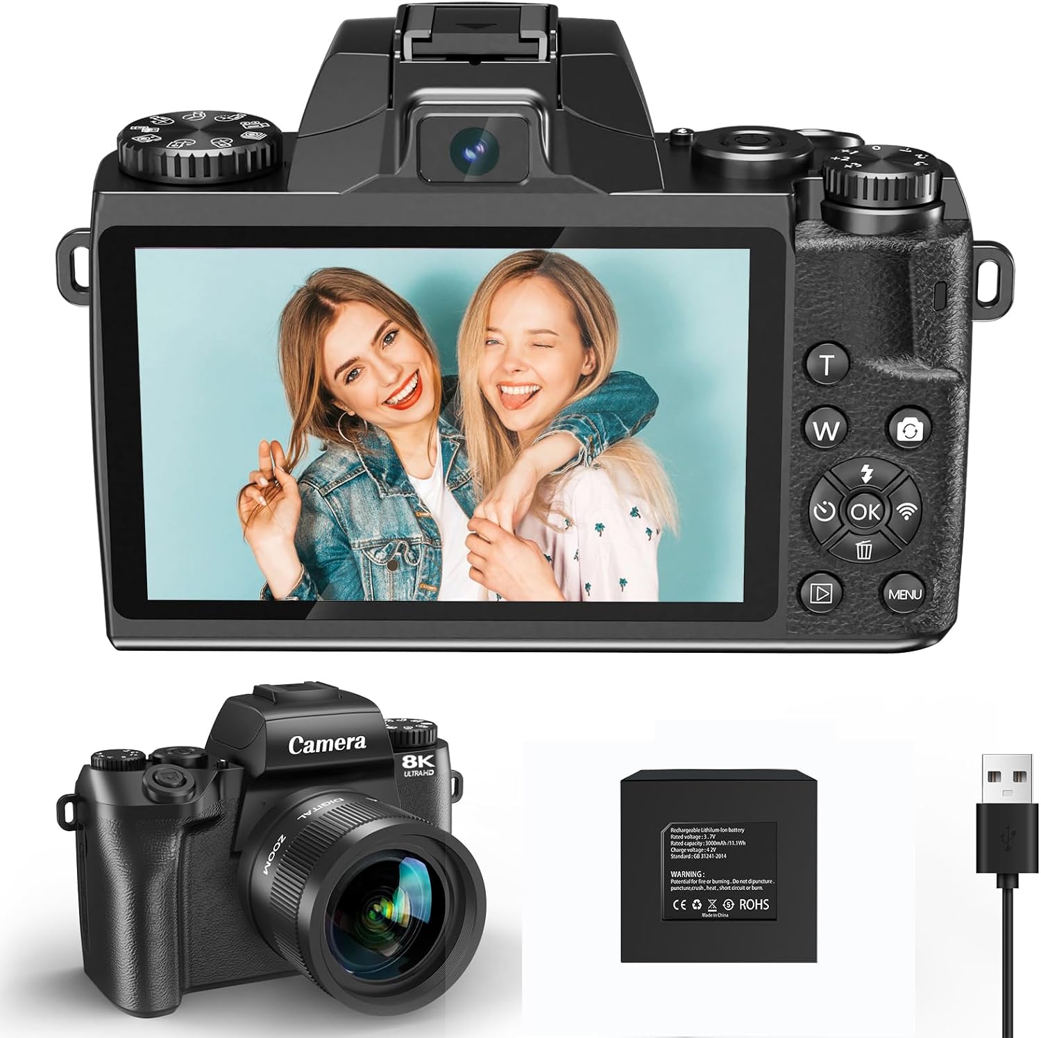 8K Digital Camera for Photography, WiFi & 4' Touch Screen Vlogging Camera for YouTube with Dual-Lens, 64MP Vlog Cameras 16X Digital Zoom with 32GB TF Card, 3000mAh Battery, Lens Hood, Black