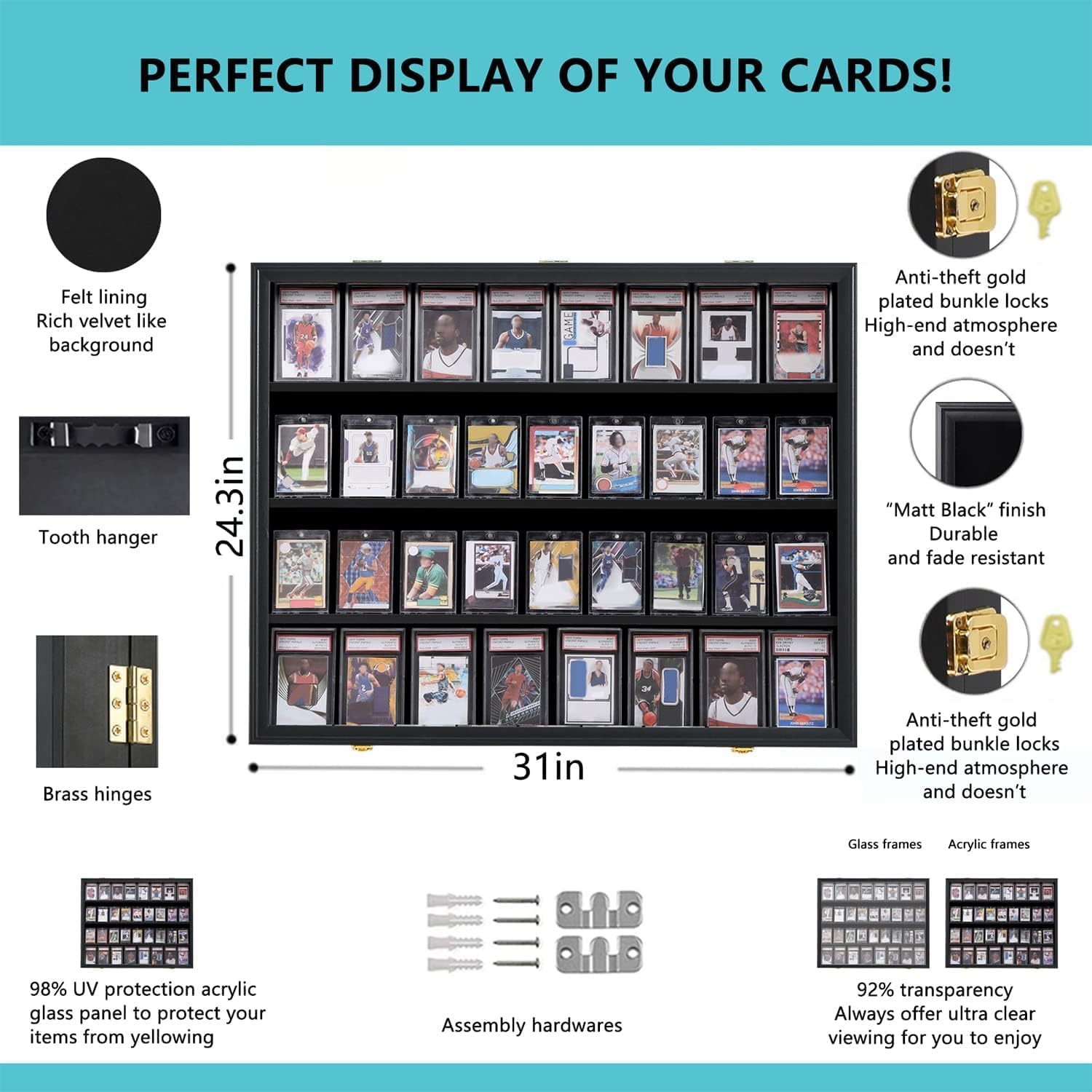 VERANI Baseball Card Display Case - 36 Graded Sports Card Display Frame - Holds Sport Cards with UV Protection Clear View Lockable Wall Cabinet for Football Basketball Trading Card Horizontal - 3Pack