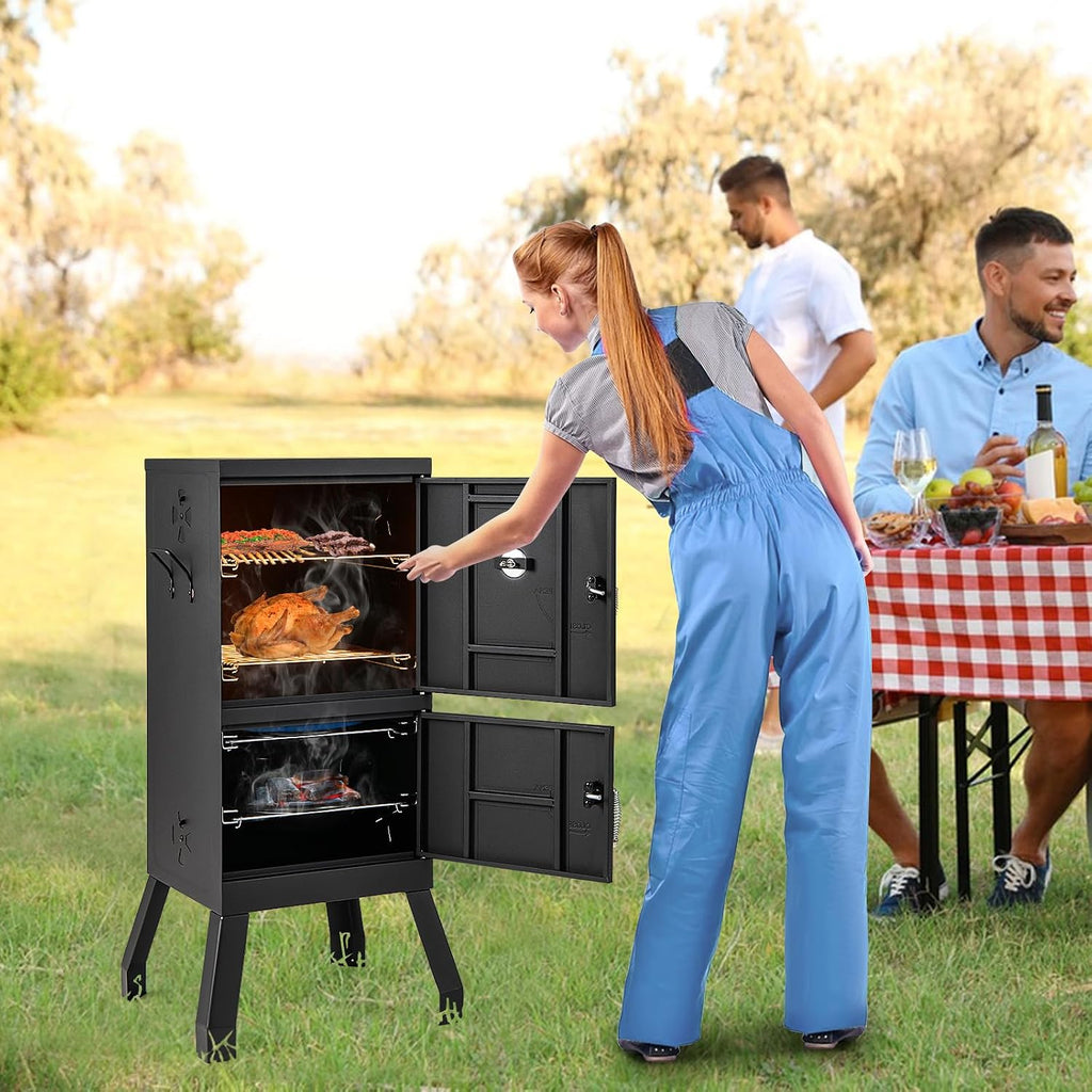 Giantex Outdoor Smoker with Double Doors, 2 Detachable Grill Netting Smoking Racks, Charcoal Pan & Water Pan, 4 Air Vents, Thermometer, Vertical Charcoal Smoker for Barbecue Camping Backyard Grill
