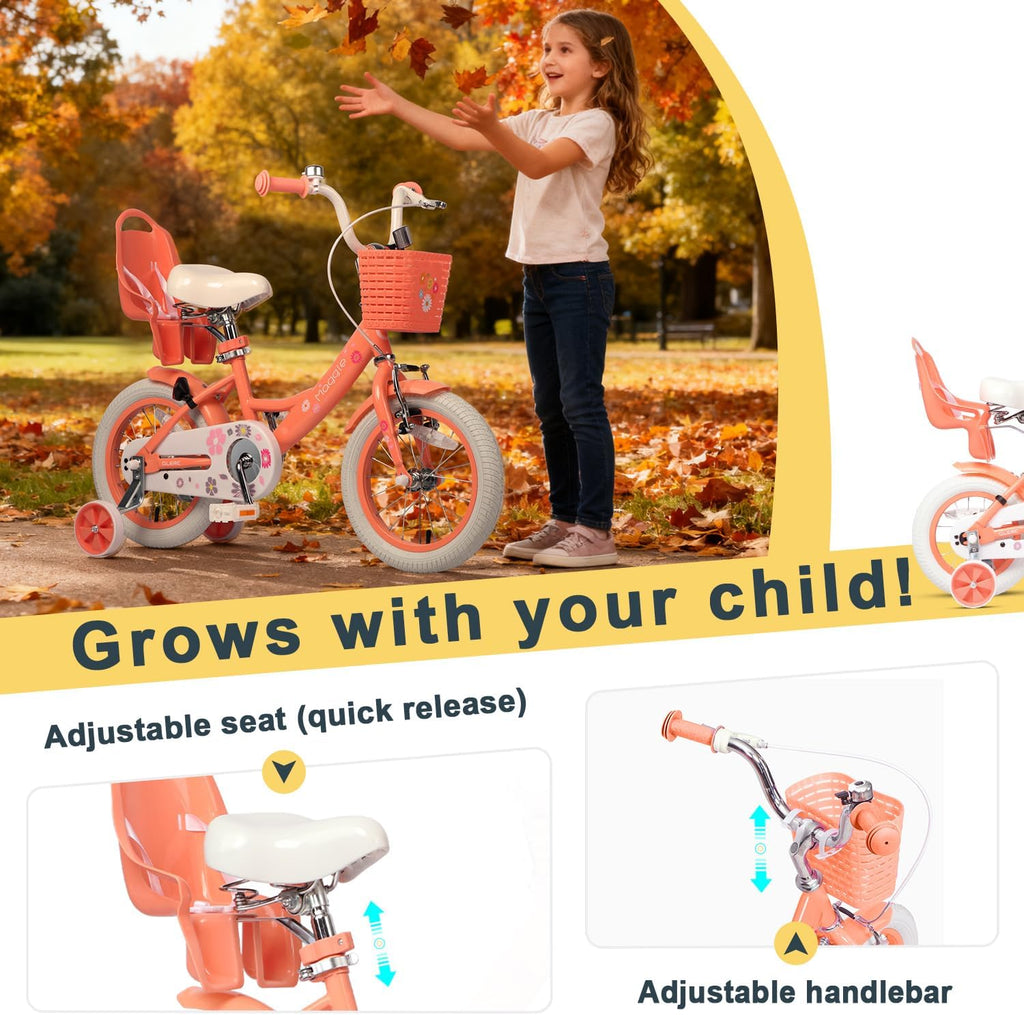 Glerc Maggie Girls Bike, 12-20 Inch Kids Bike for 2-13 Years Old Children, Princess Style Kids Bicycle with Doll-Seat & Basket & Training Wheels, Multiple Colors