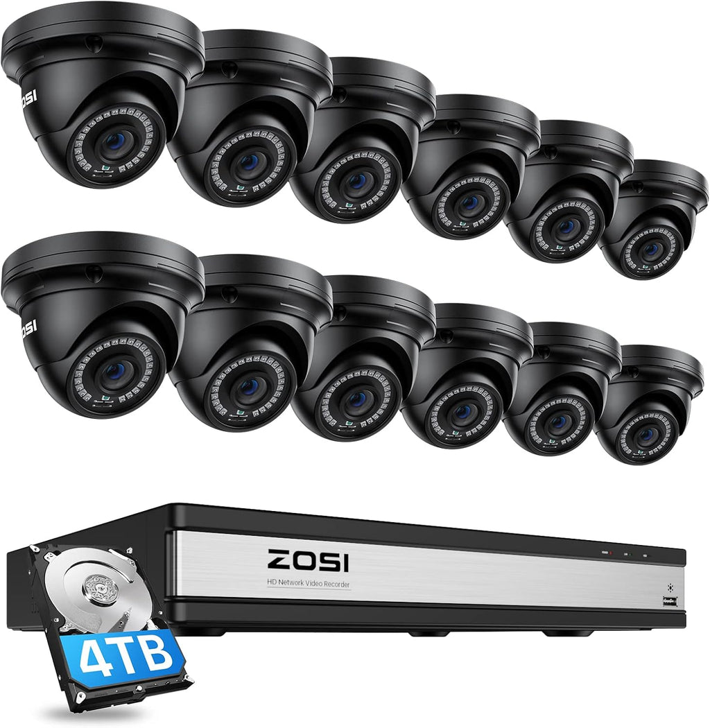 ZOSI H.265+ 4K 16CH PoE Security Camera System, 12 X Wired 5MP (3K) Dome PoE IP Cameras Outdoor Indoor, 16CH NVR with 4TB HDD for 24/7 Recording, 80ft Night Vision, Motion Detection, Remote Access